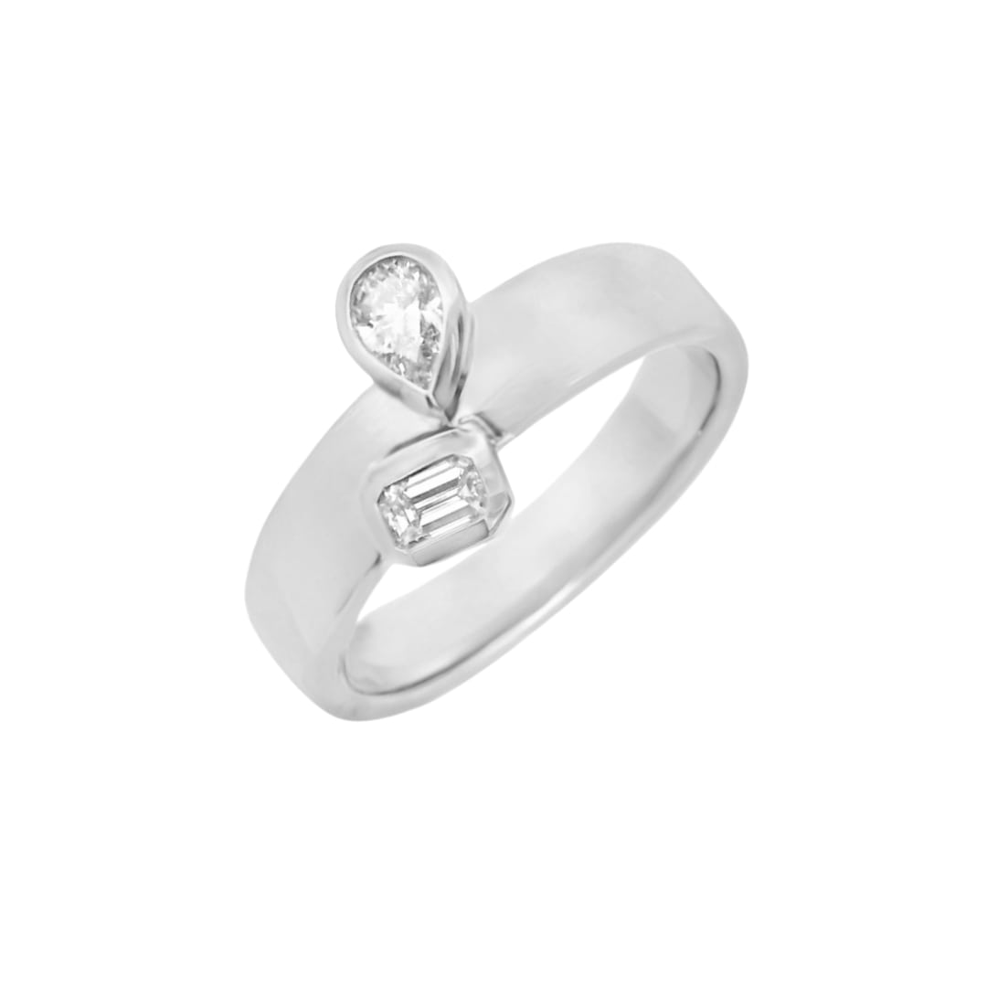 Bezel Set Pear and Emerald Cut Diamond Ring