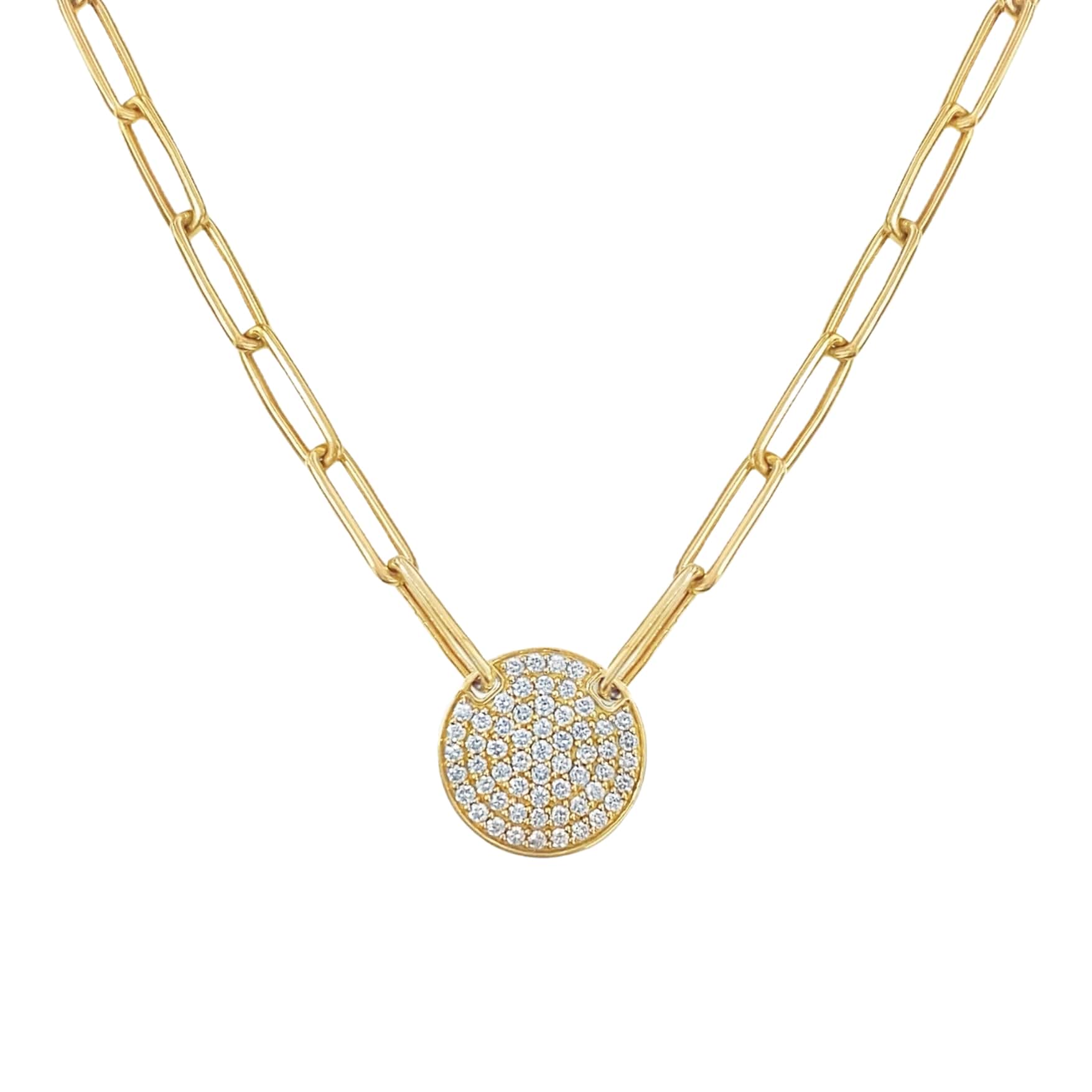 A 14K yellow gold necklace featuring a series of round diamonds totaling 58 carats, with a paperclip chain design and a lobster clasp.