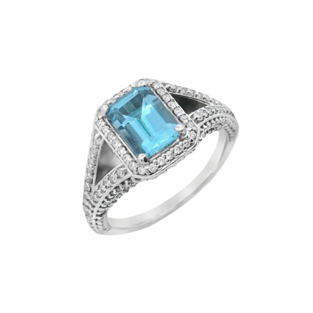 Emerald Cut Blue Topaz and Diamond Ring