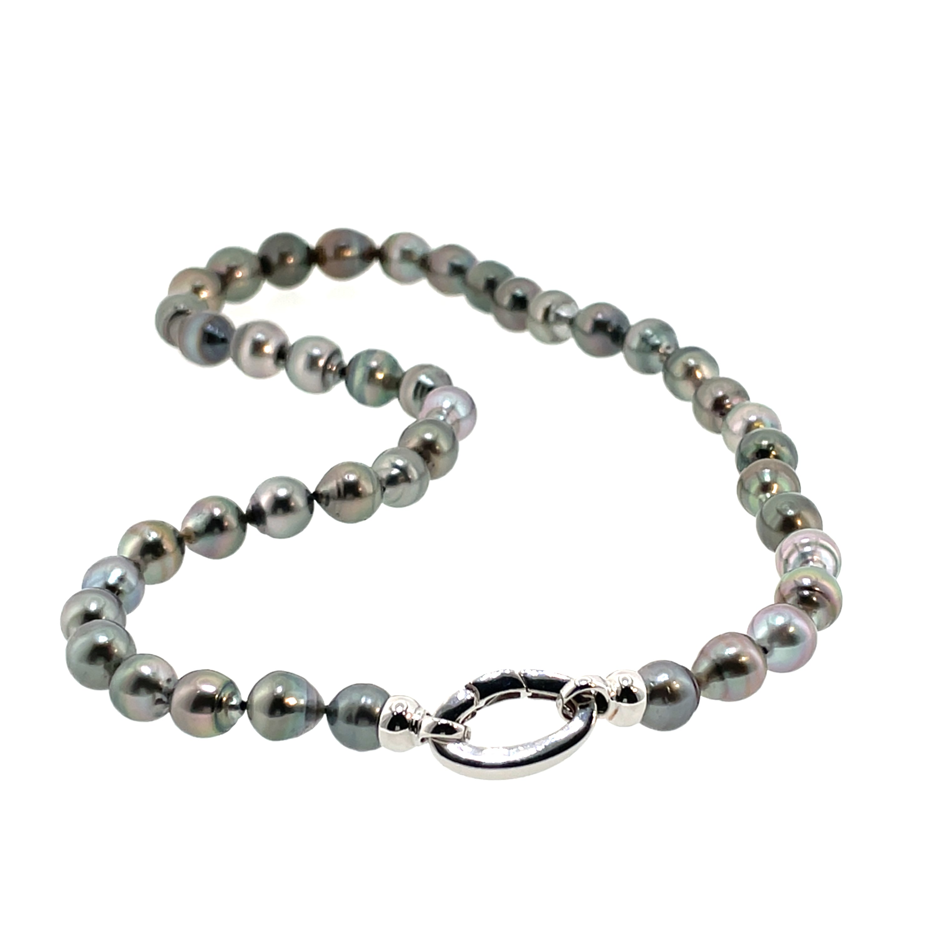 Iridescent Dark Pearl Strand Necklace with White Gold Clasp