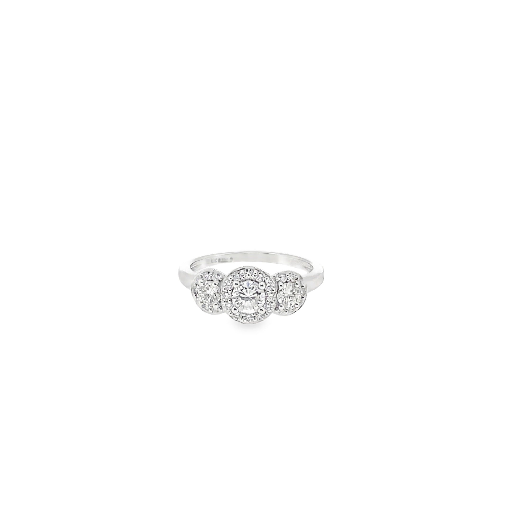 White Gold Three-Stone Diamond Halo Ring