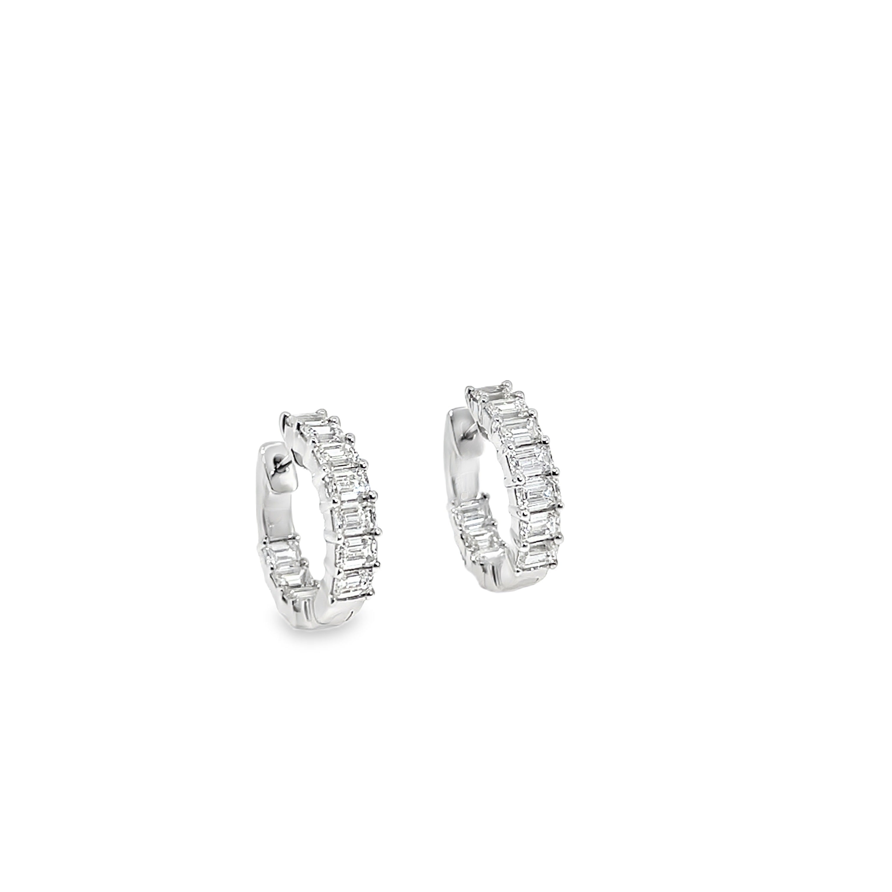 Emerald Cut Diamond Hoop Earrings in White Gold