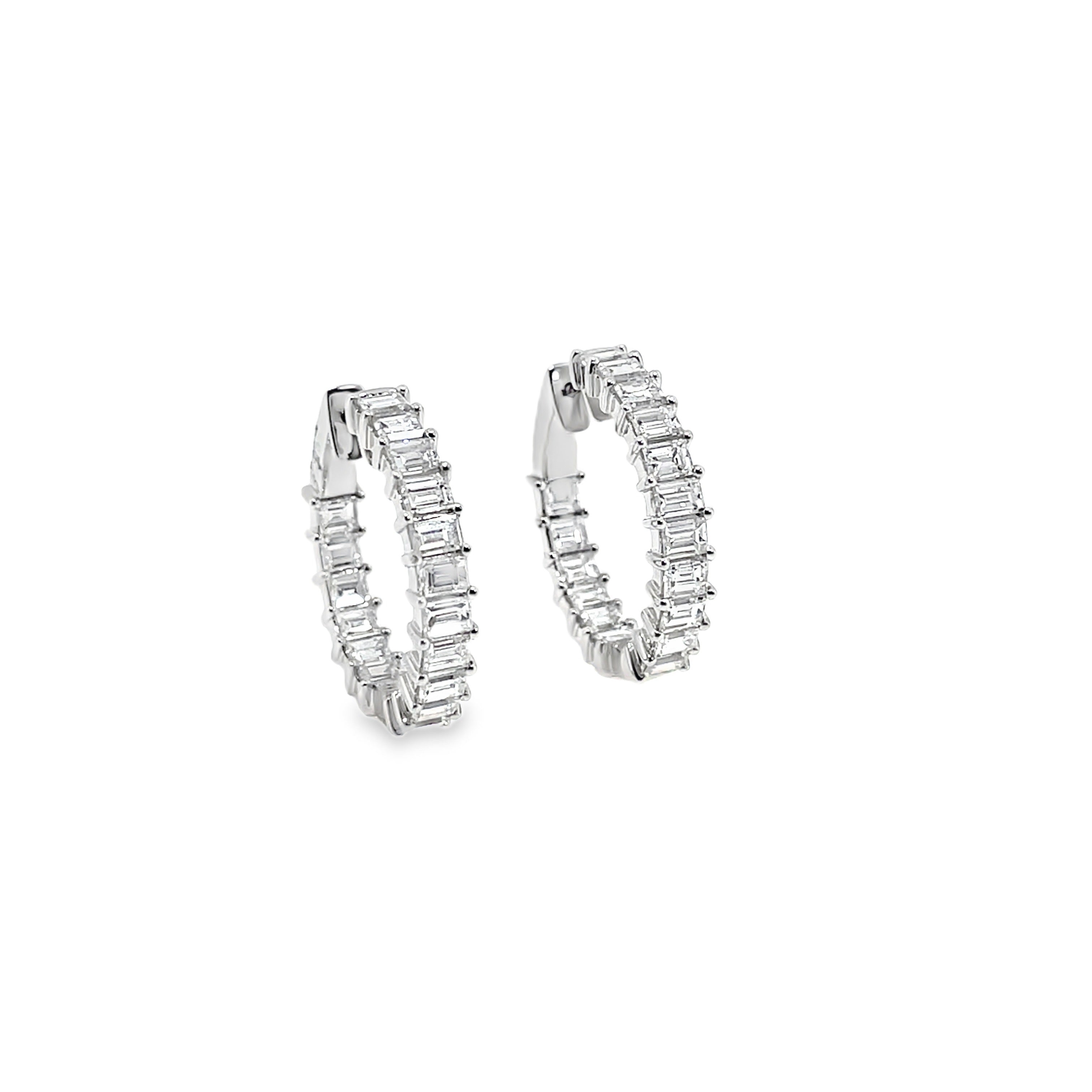 Emerald Cut Diamond Hoop Earrings in White Gold