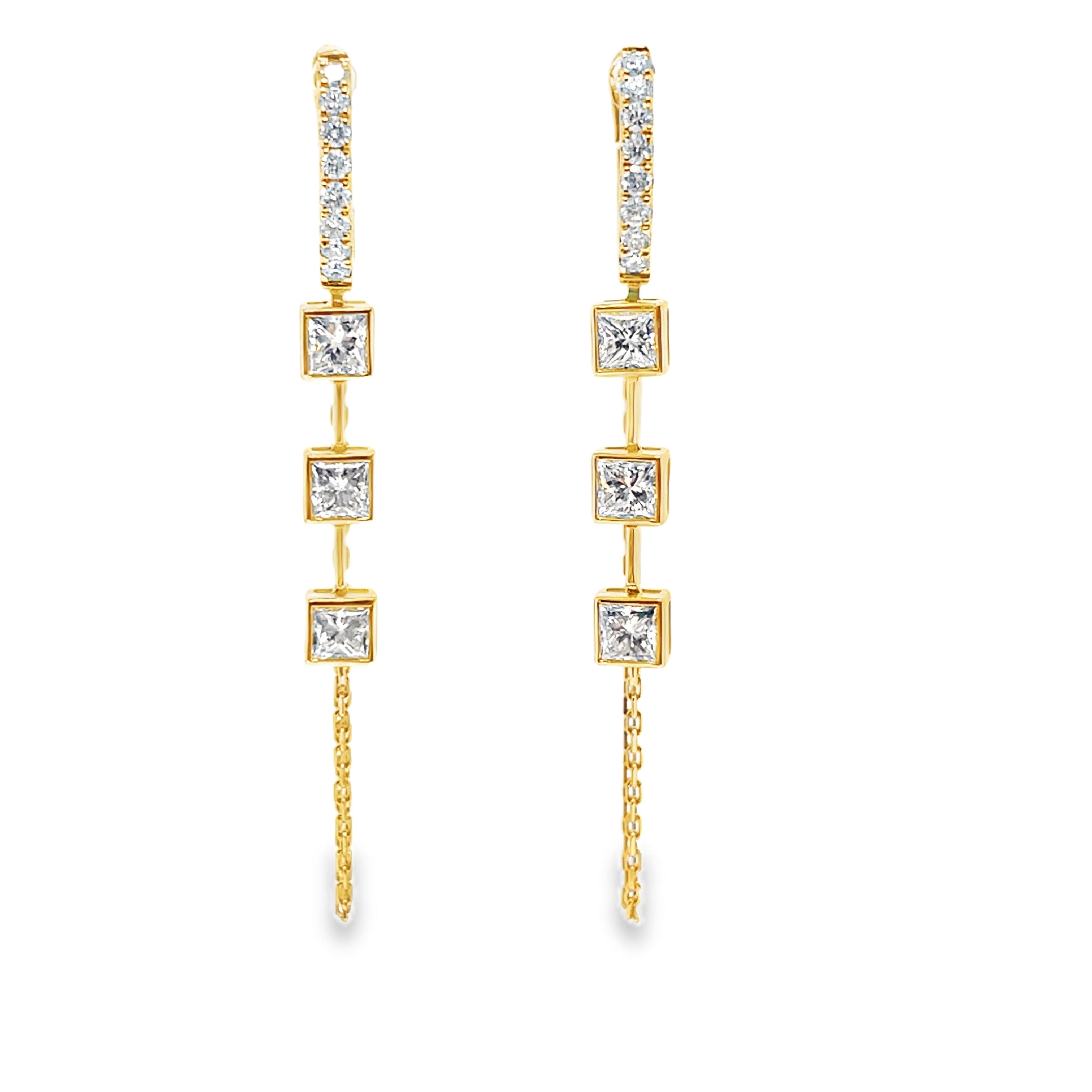Geometric Square Diamond Drop Earrings in Yellow Gold