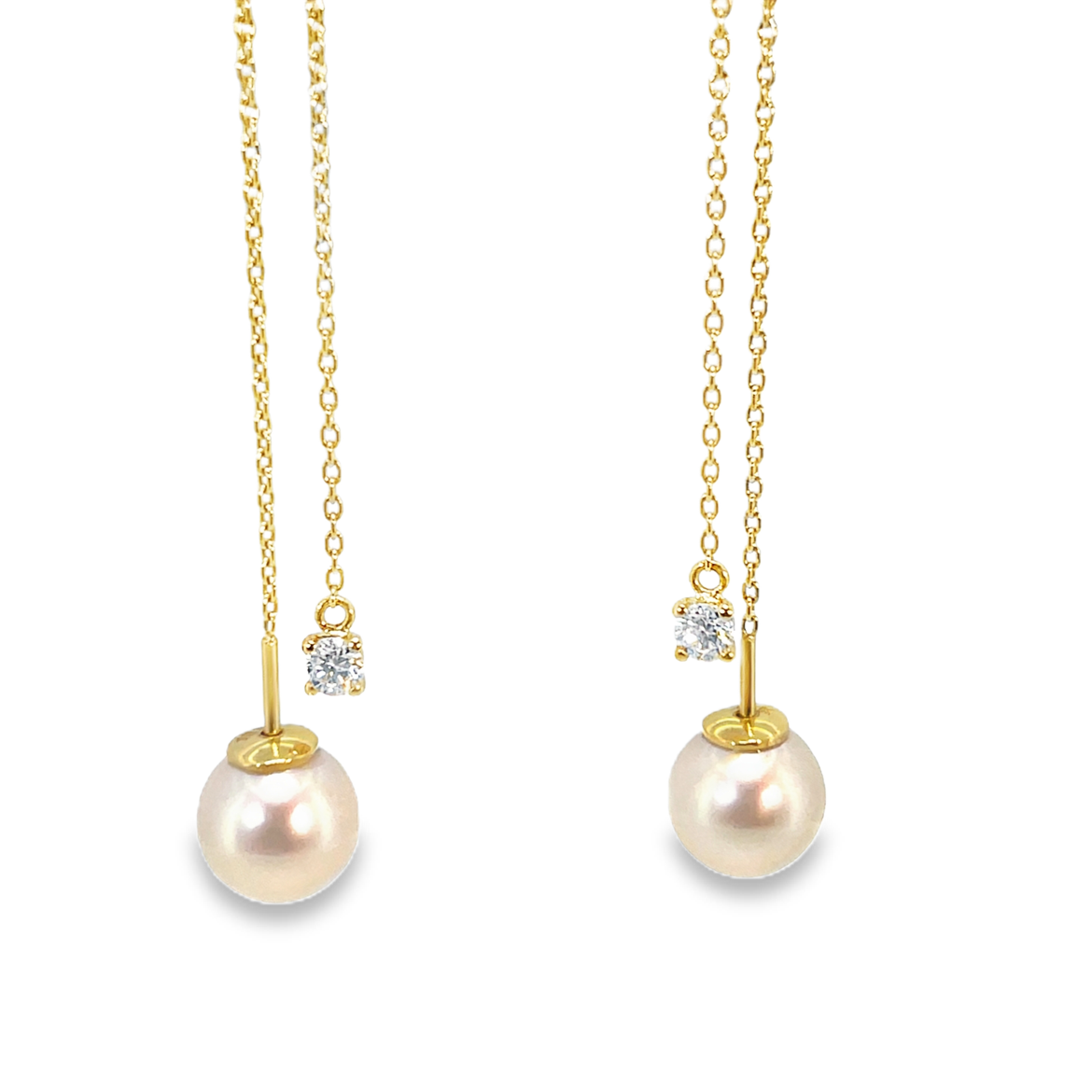 Pearl Drop Threader Earrings in Yellow Gold