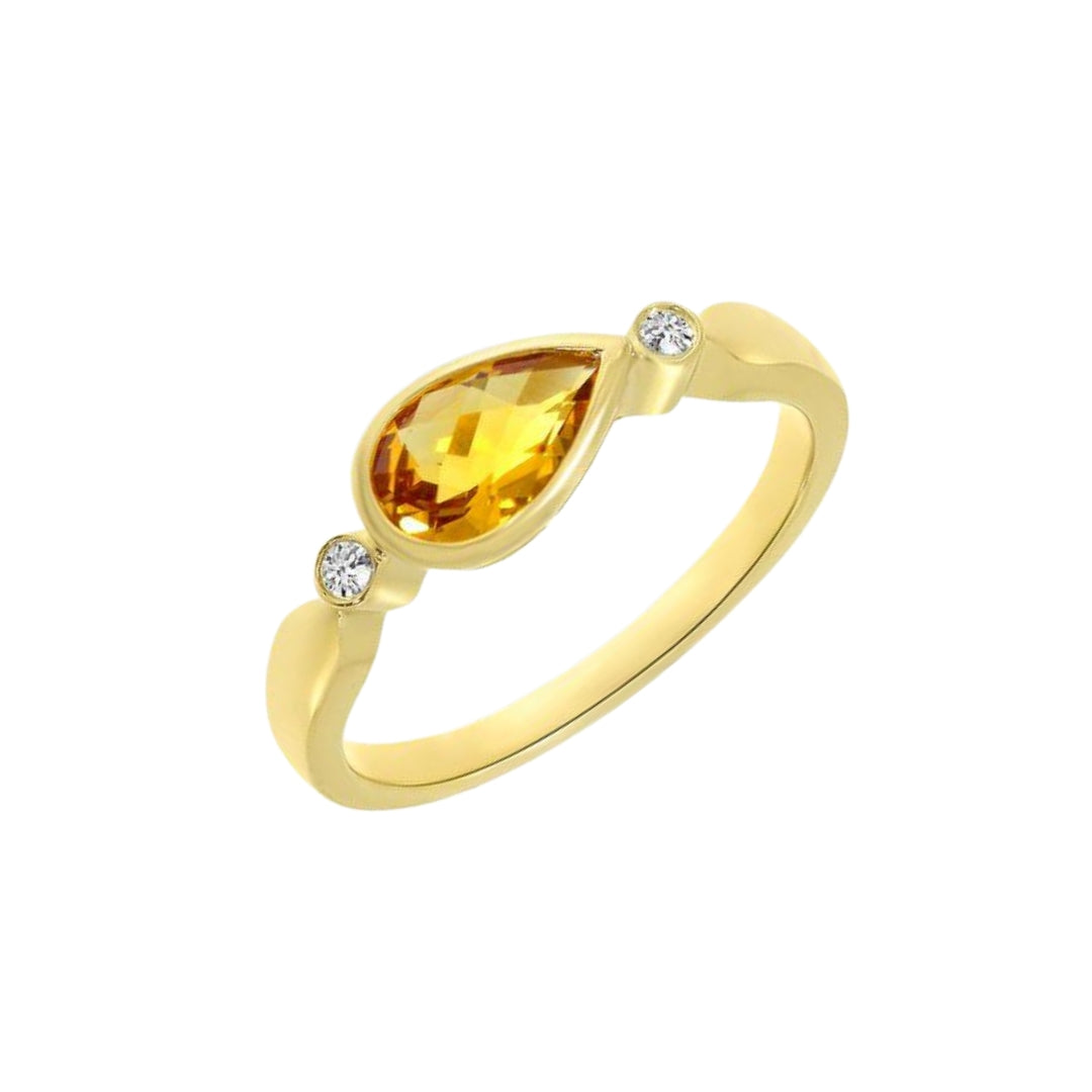 Bezel Set Pear Shape Citrine and Diamond Ring