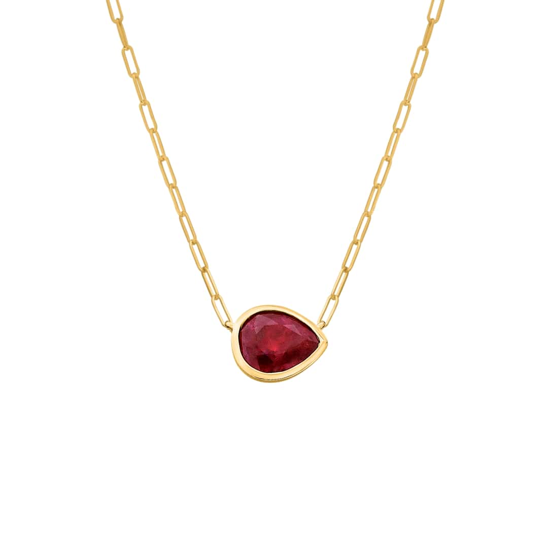 Bezel Set Pear Ruby Paperclip Necklace