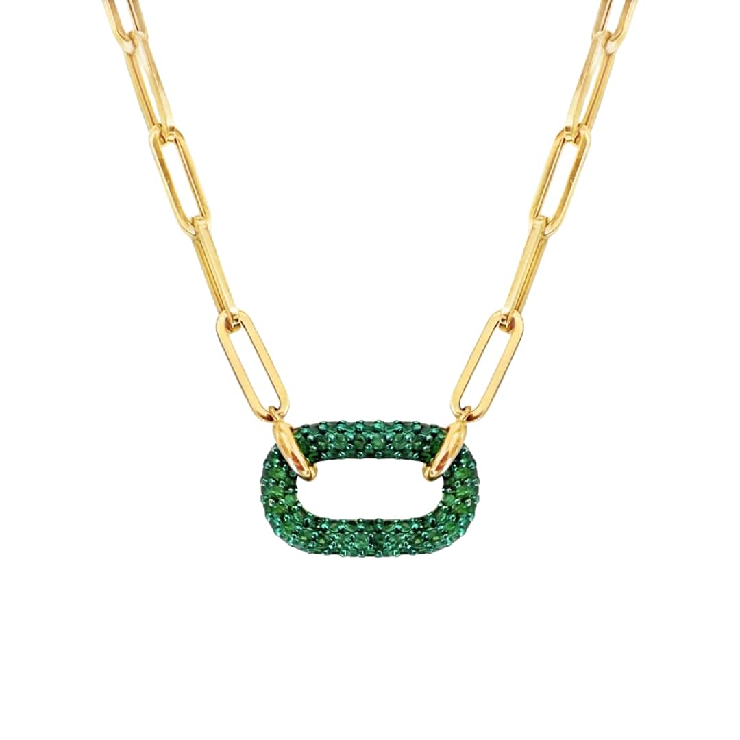 Pave Emerald Carabiner Paperclip Necklace