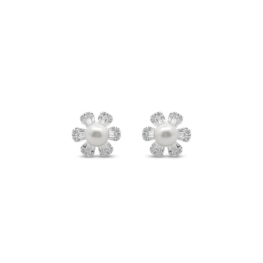 Diamond and Flower Pearl Earrings