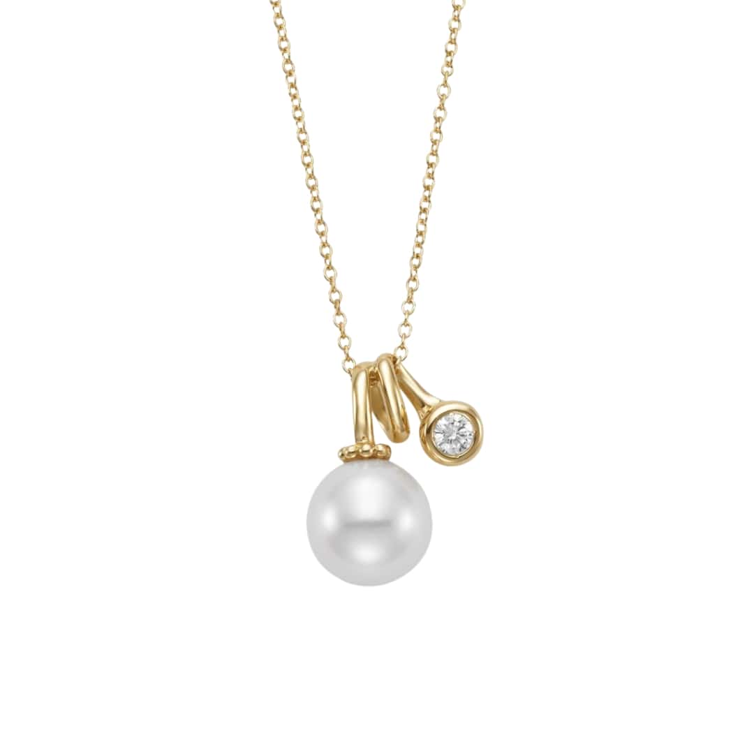 Pearl and Bezel Diamond Charm Necklace