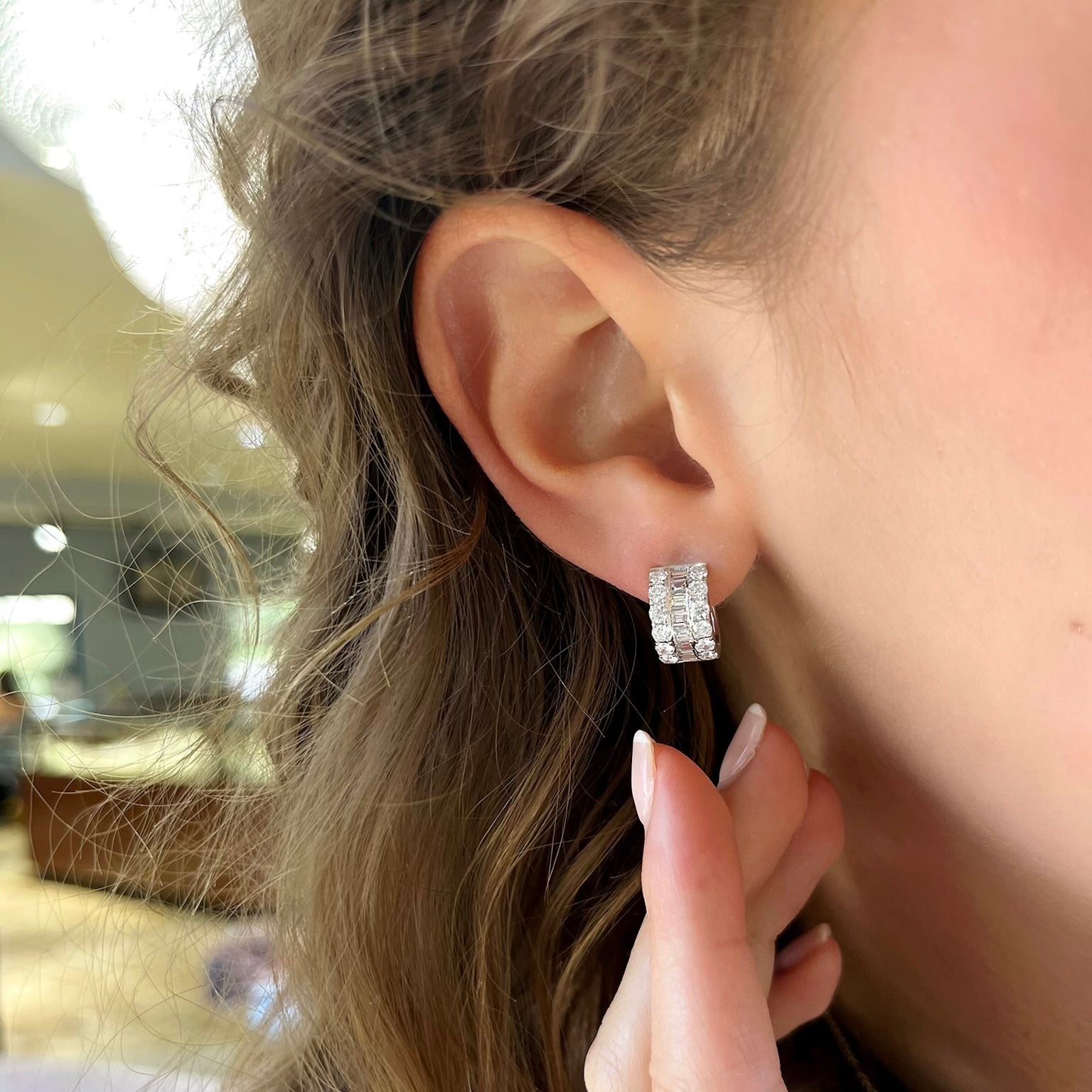 Mini Baguette and Round Diamond Huggie Earrings