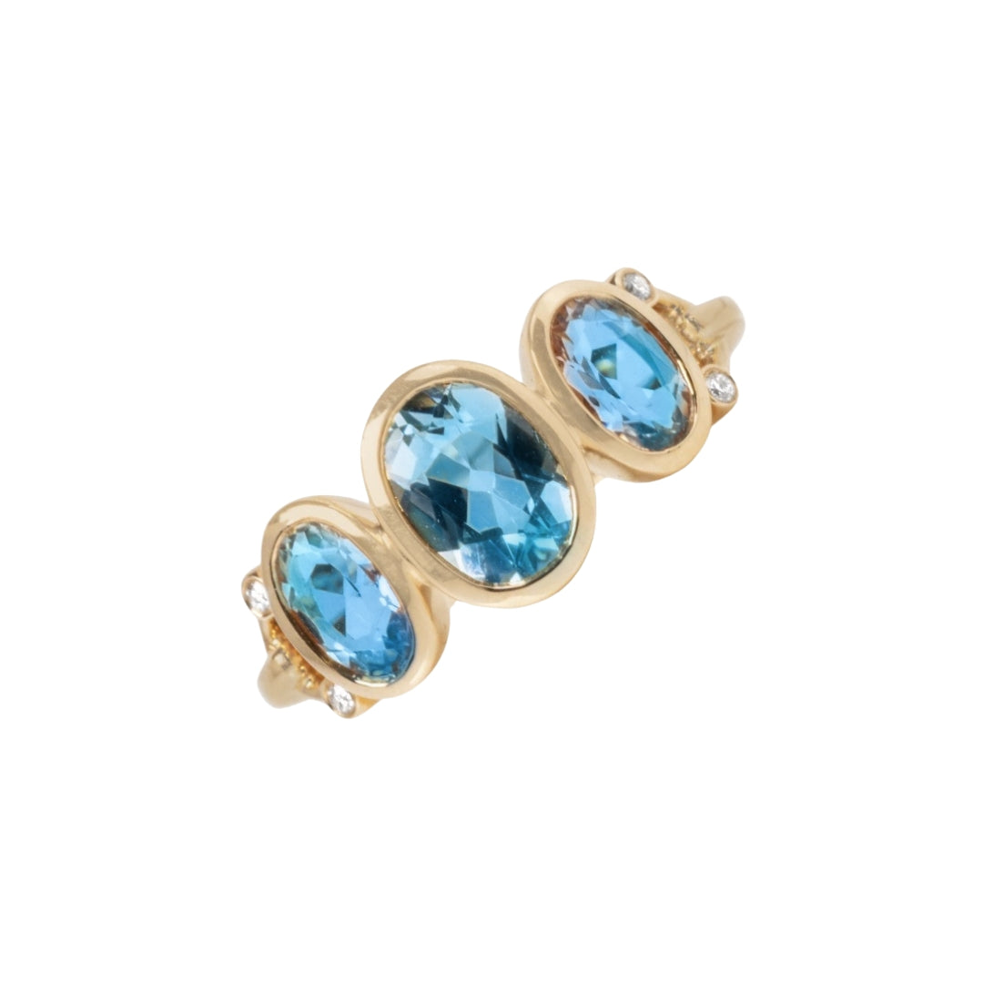 Three Stone Blue Topaz and Diamond Ring
