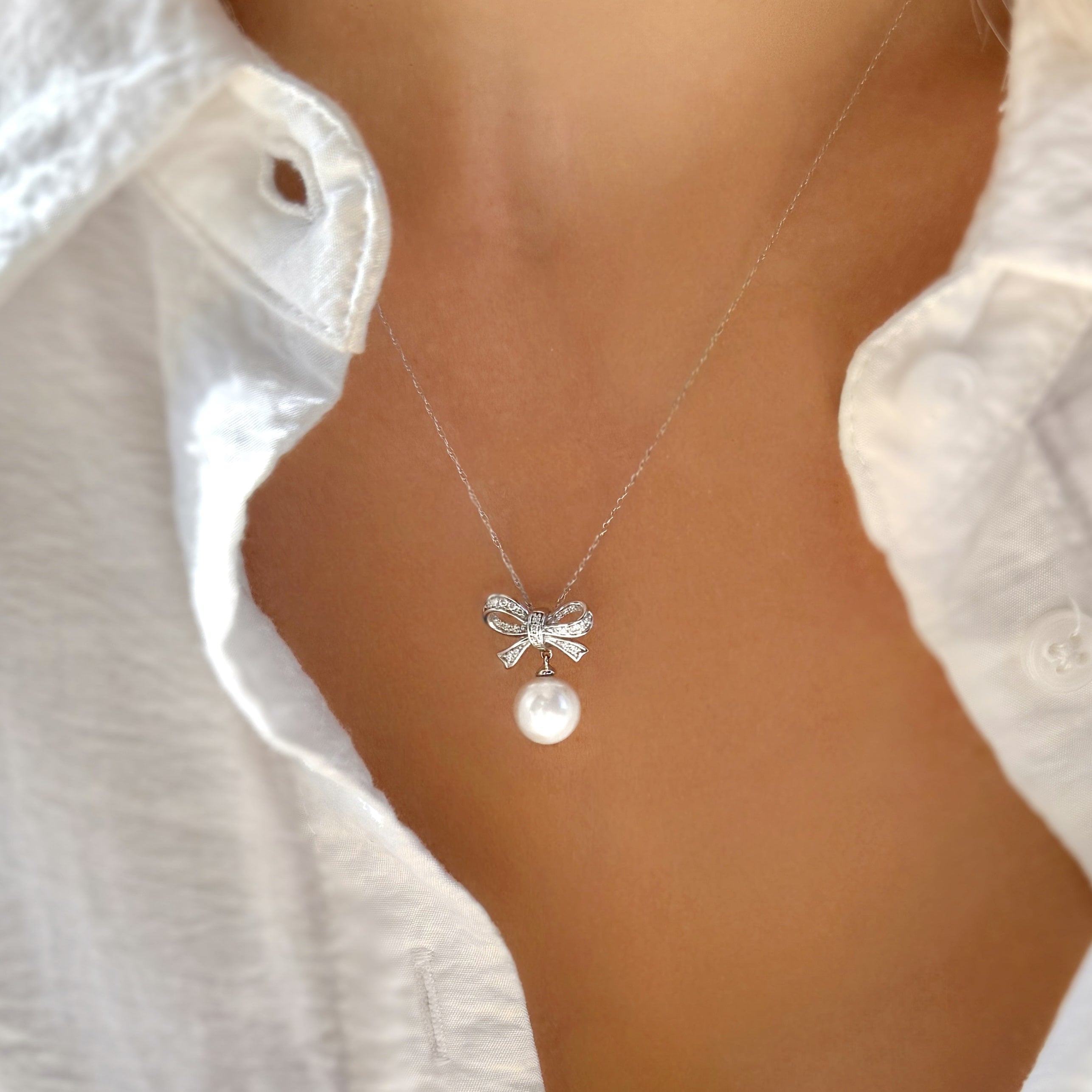 Pearl and Diamond Bow Necklace