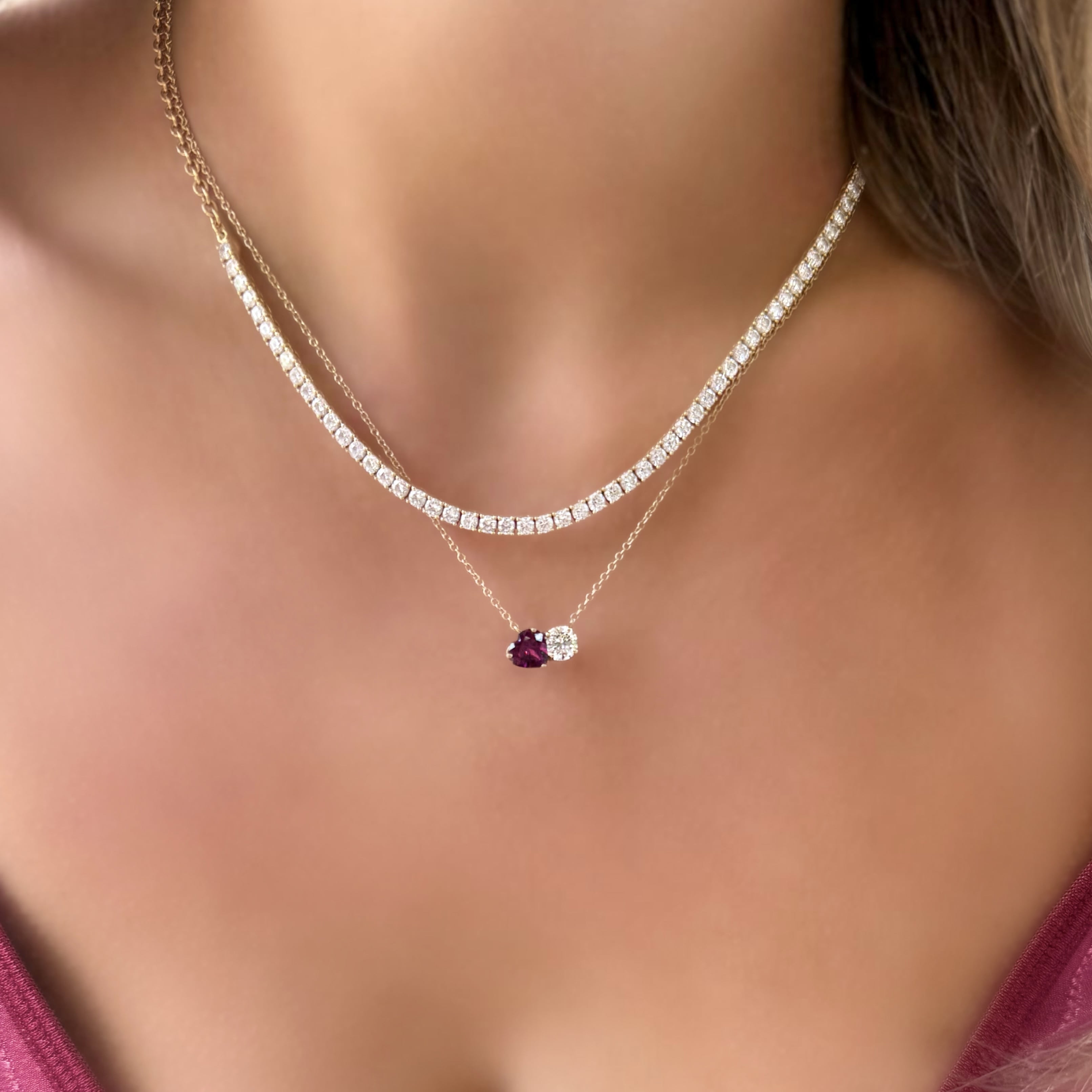 Heart Shape Garnet and Diamond Toi Et Moi Necklace