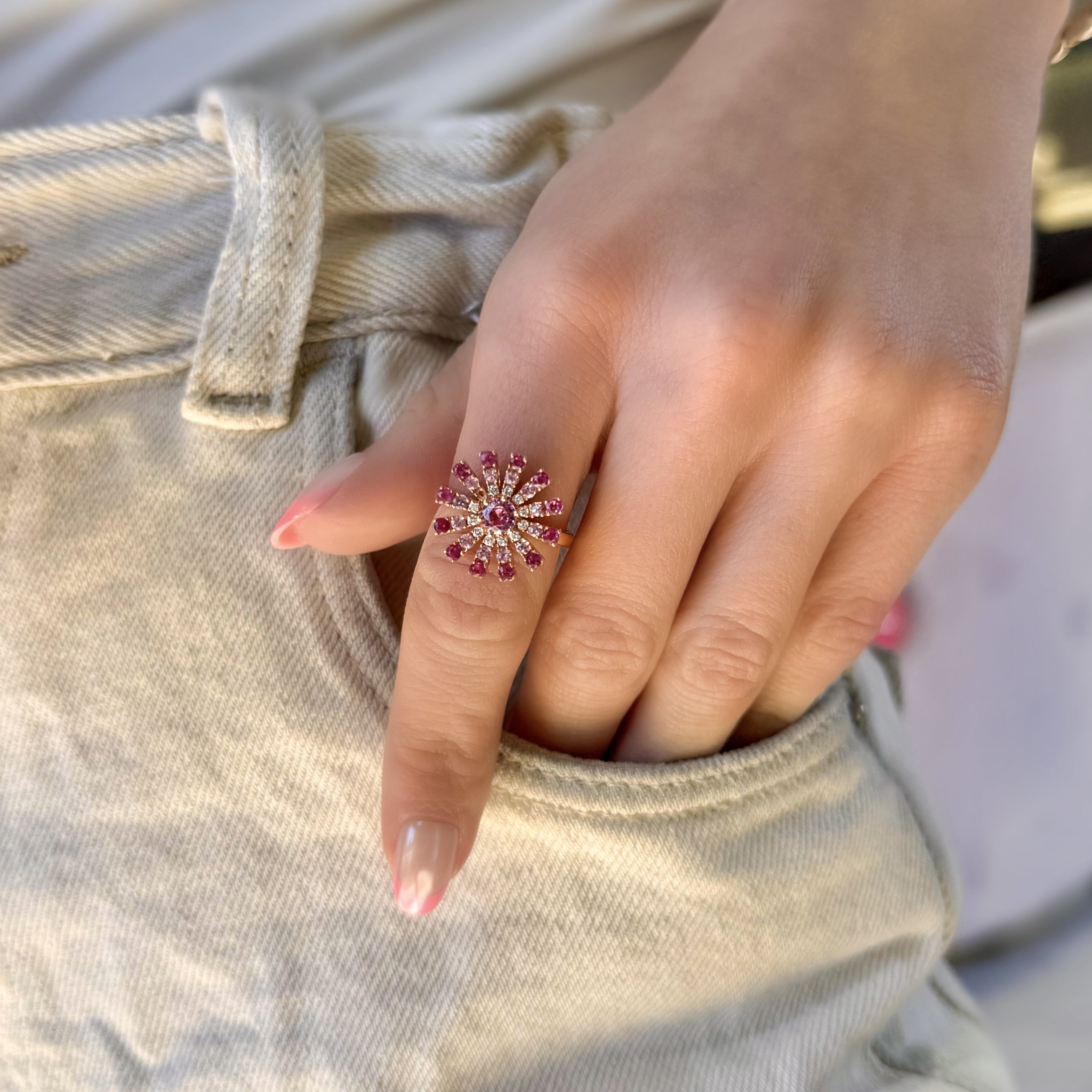 Pink Sapphire and Diamond Firework Ring