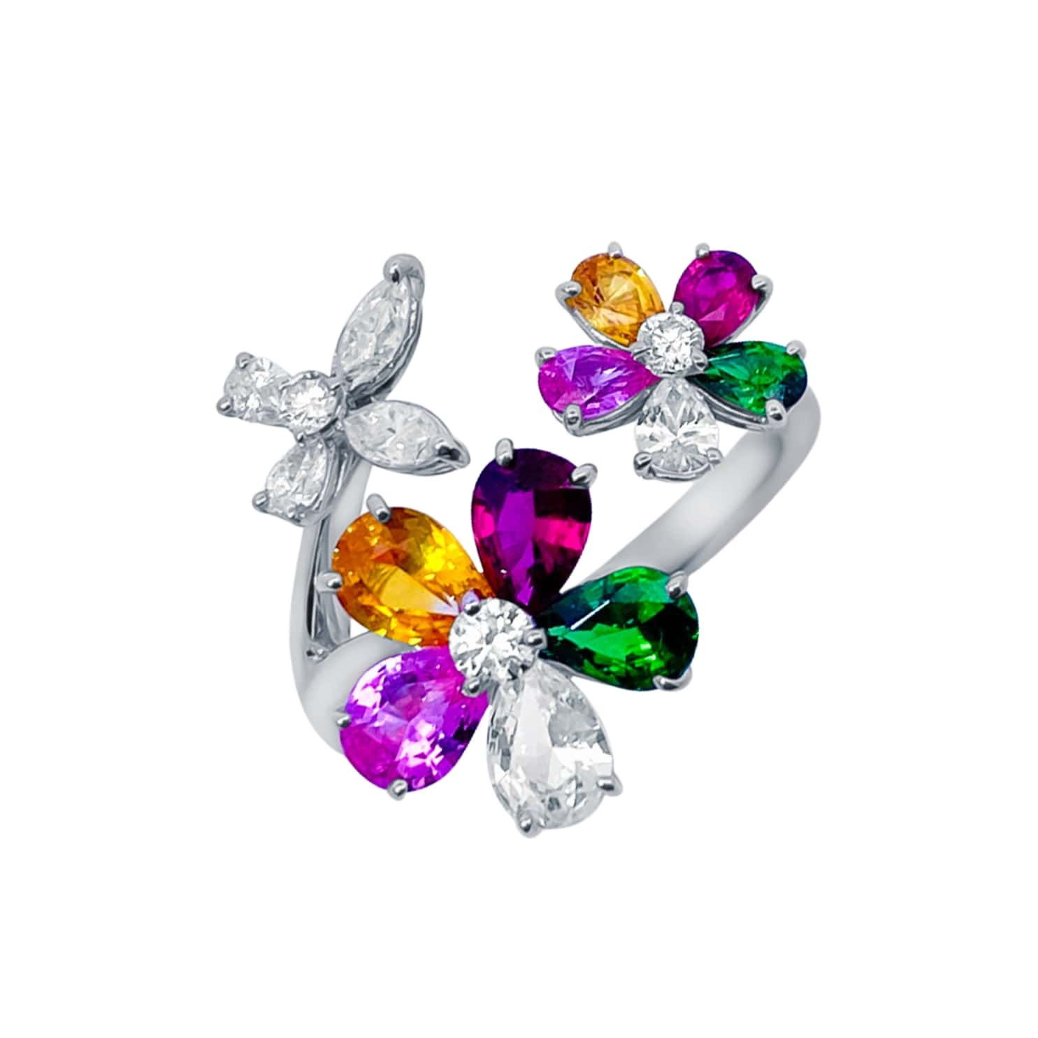 Fancy Sapphire Tsavorite and Diamond Flower Ring
