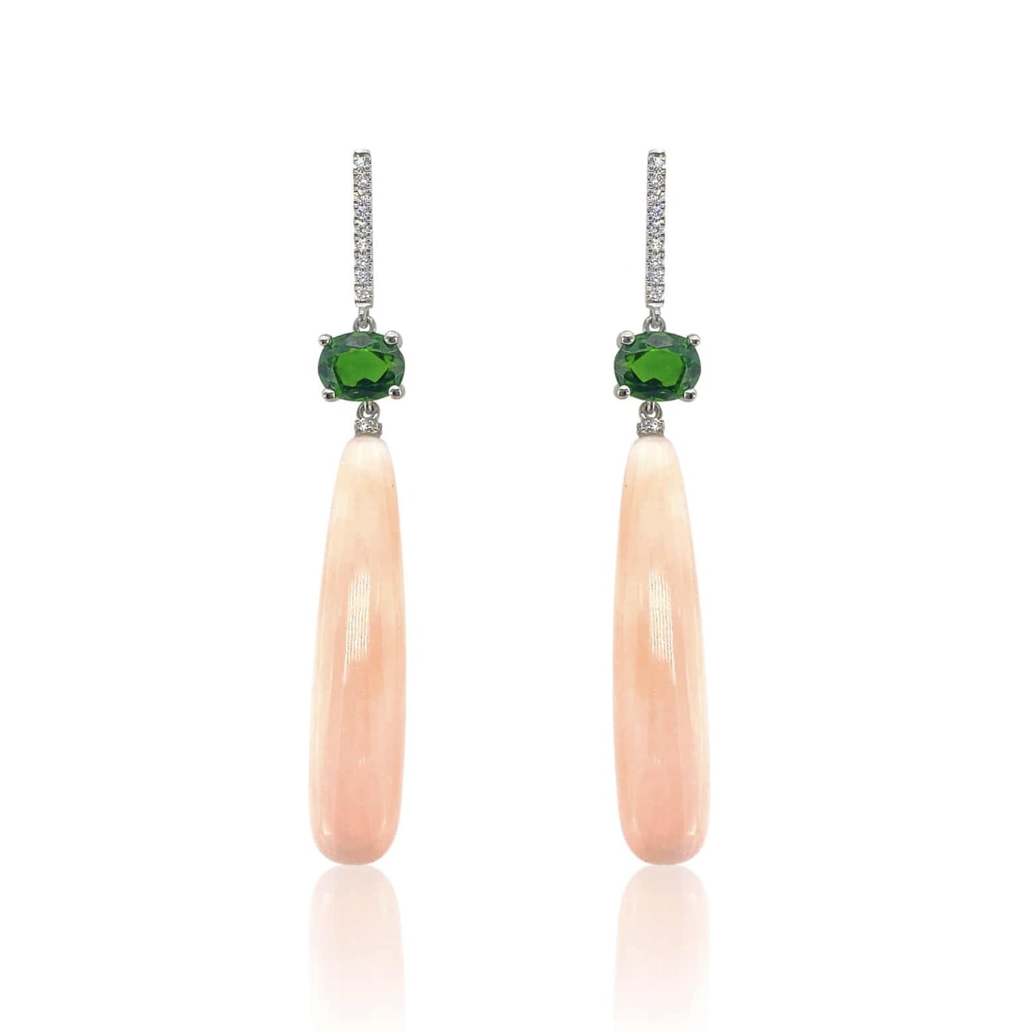 Pink Coral and Tsavorite Diamond Drop Earrings