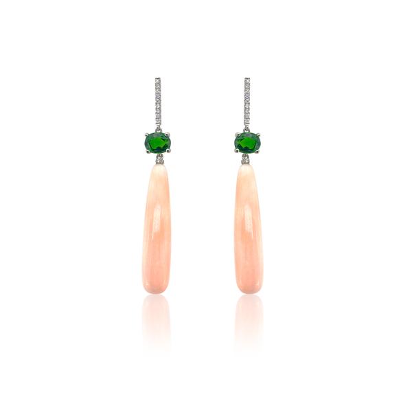 Pink Coral and Tsavorite Diamond Drop Earrings