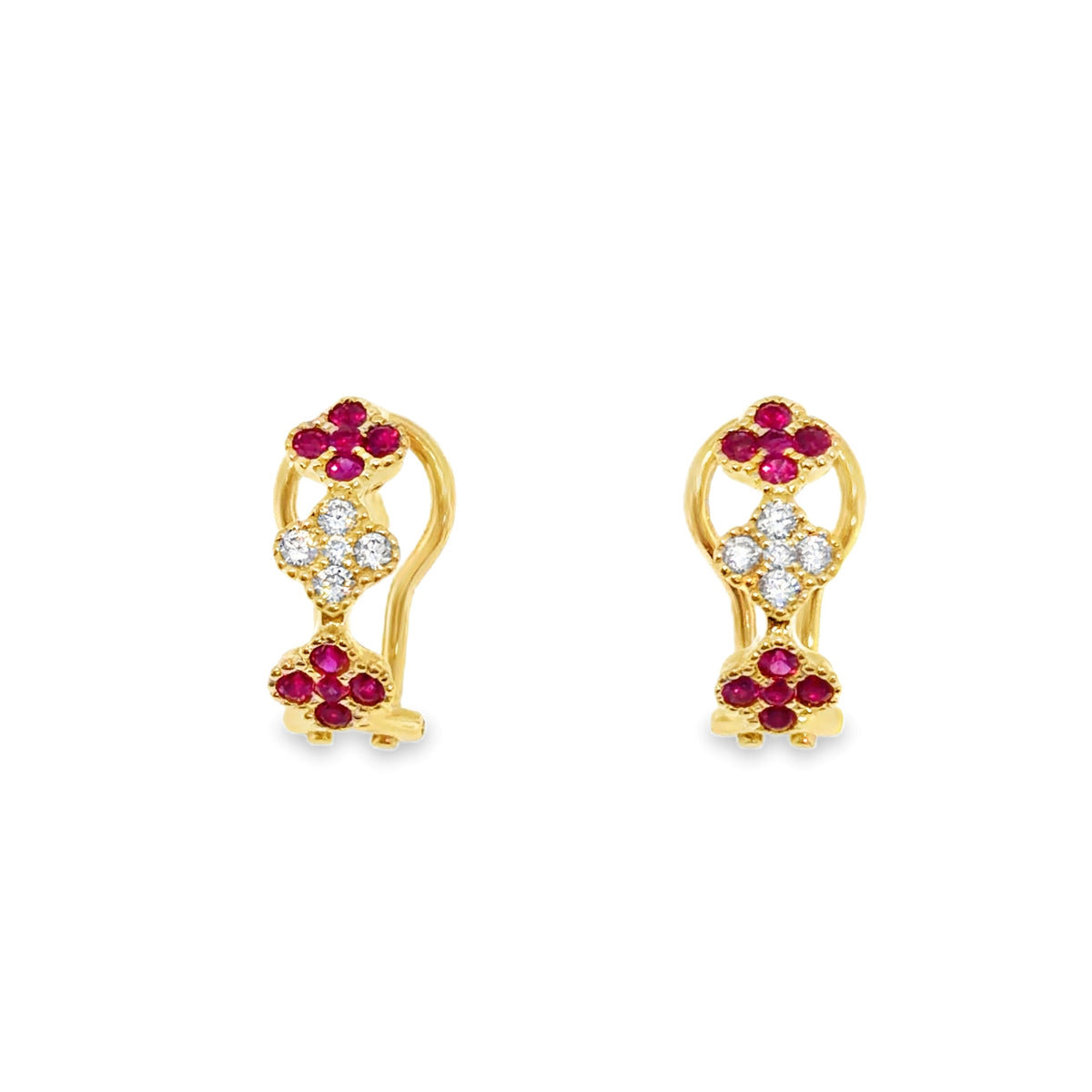 YELLOW GOLD DIAMOND AND RUBY CLOVER EARRINGS