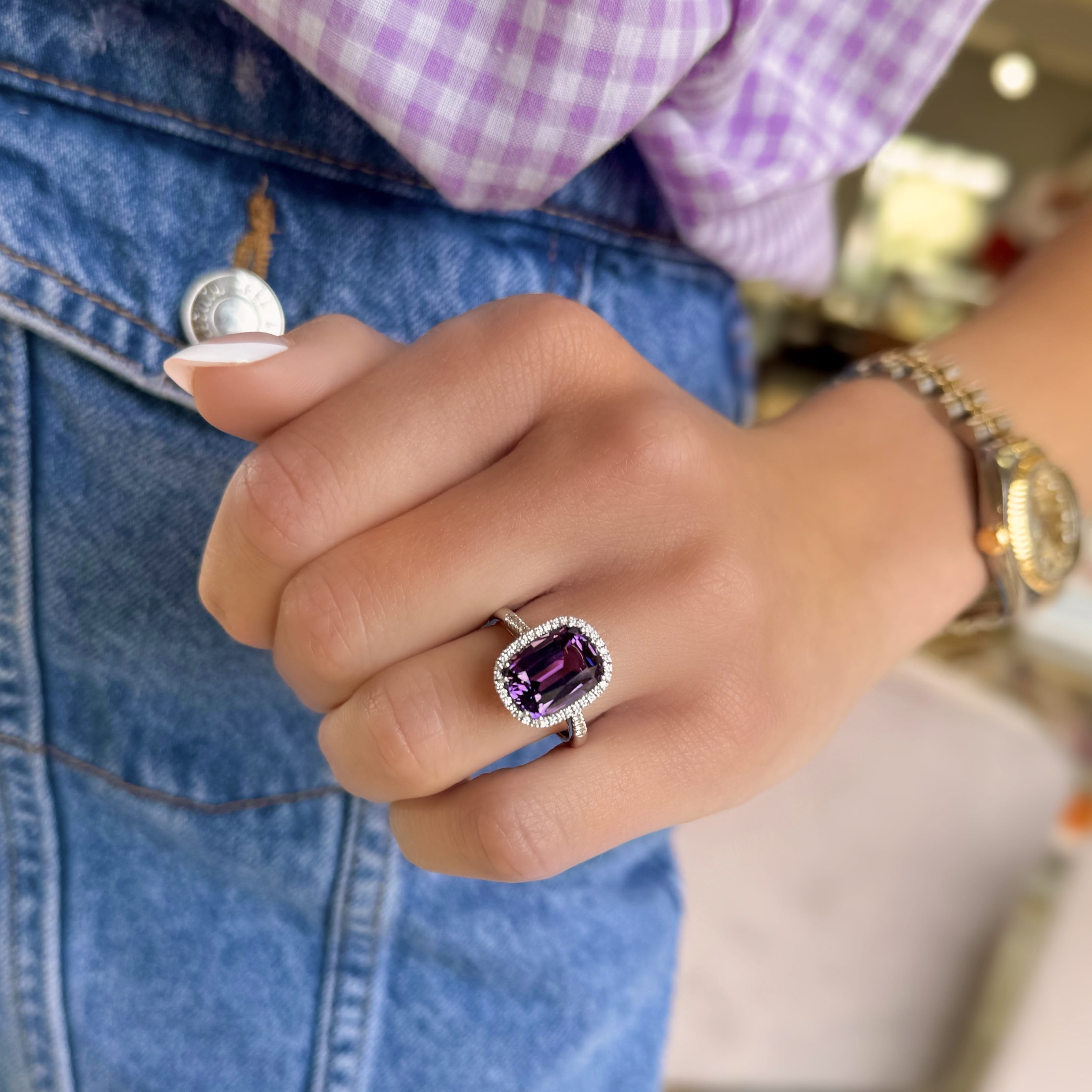 Cushion Cut Amethyst and Diamond Ring