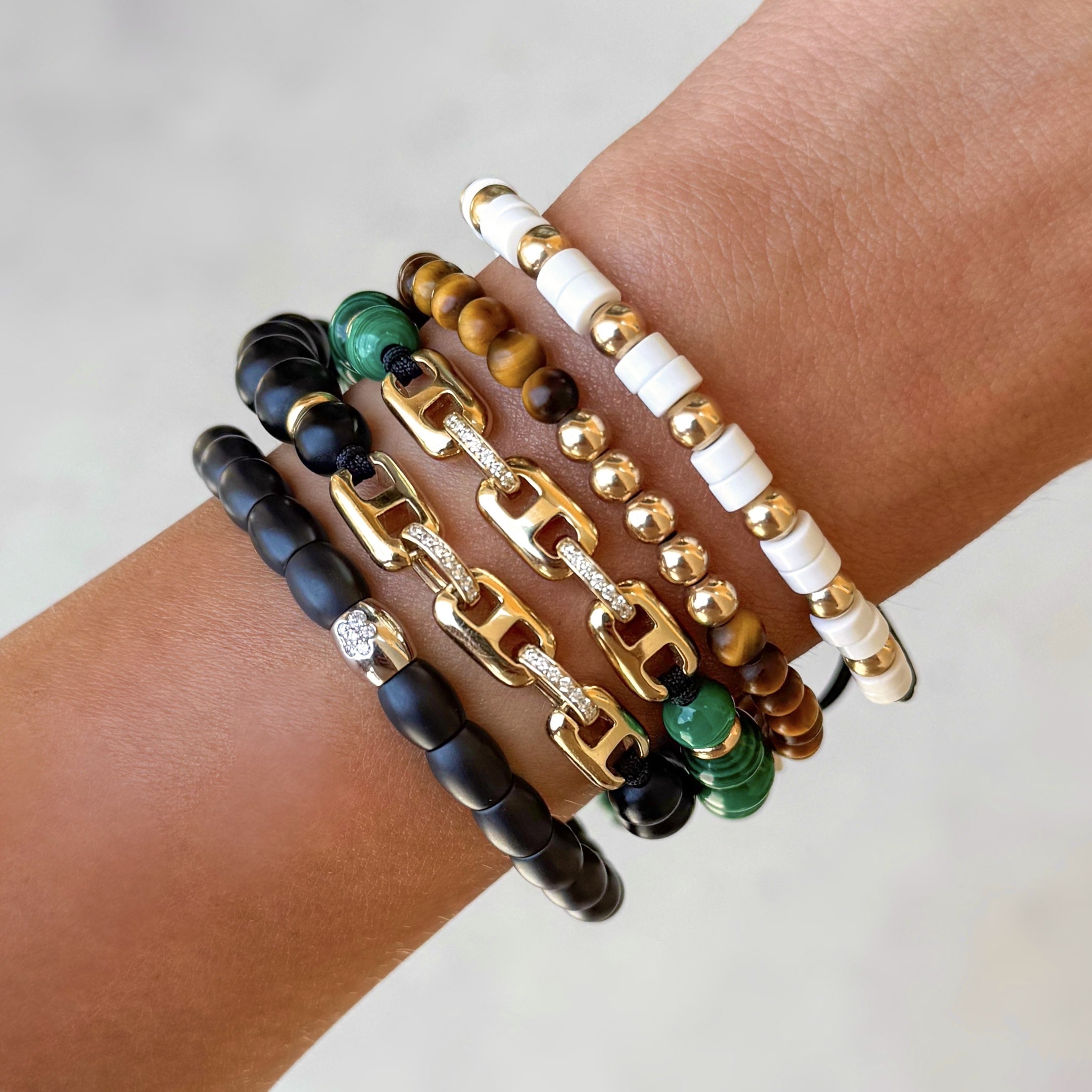 Malachite and Diamond Link Beaded Bracelet