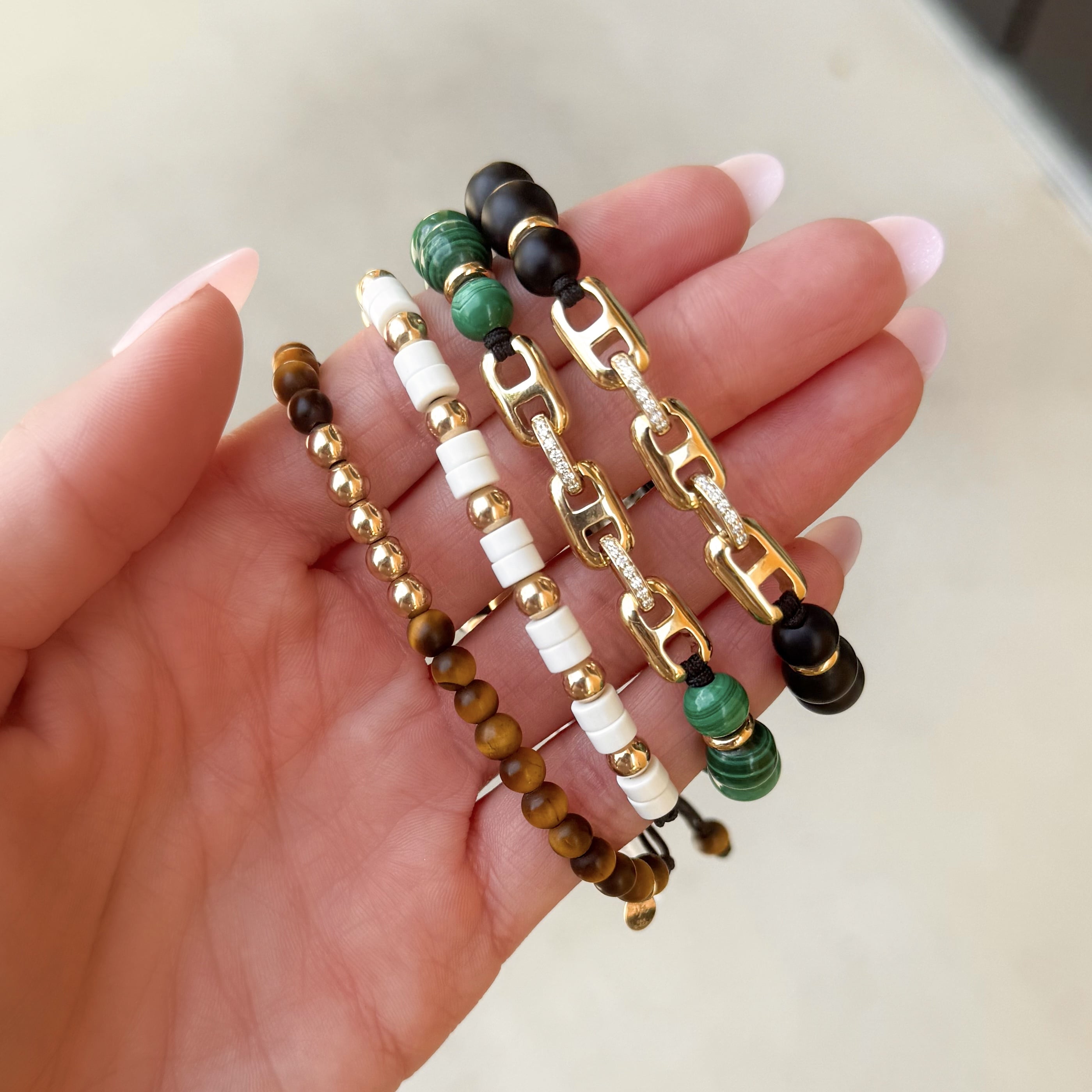 Malachite and Diamond Link Beaded Bracelet