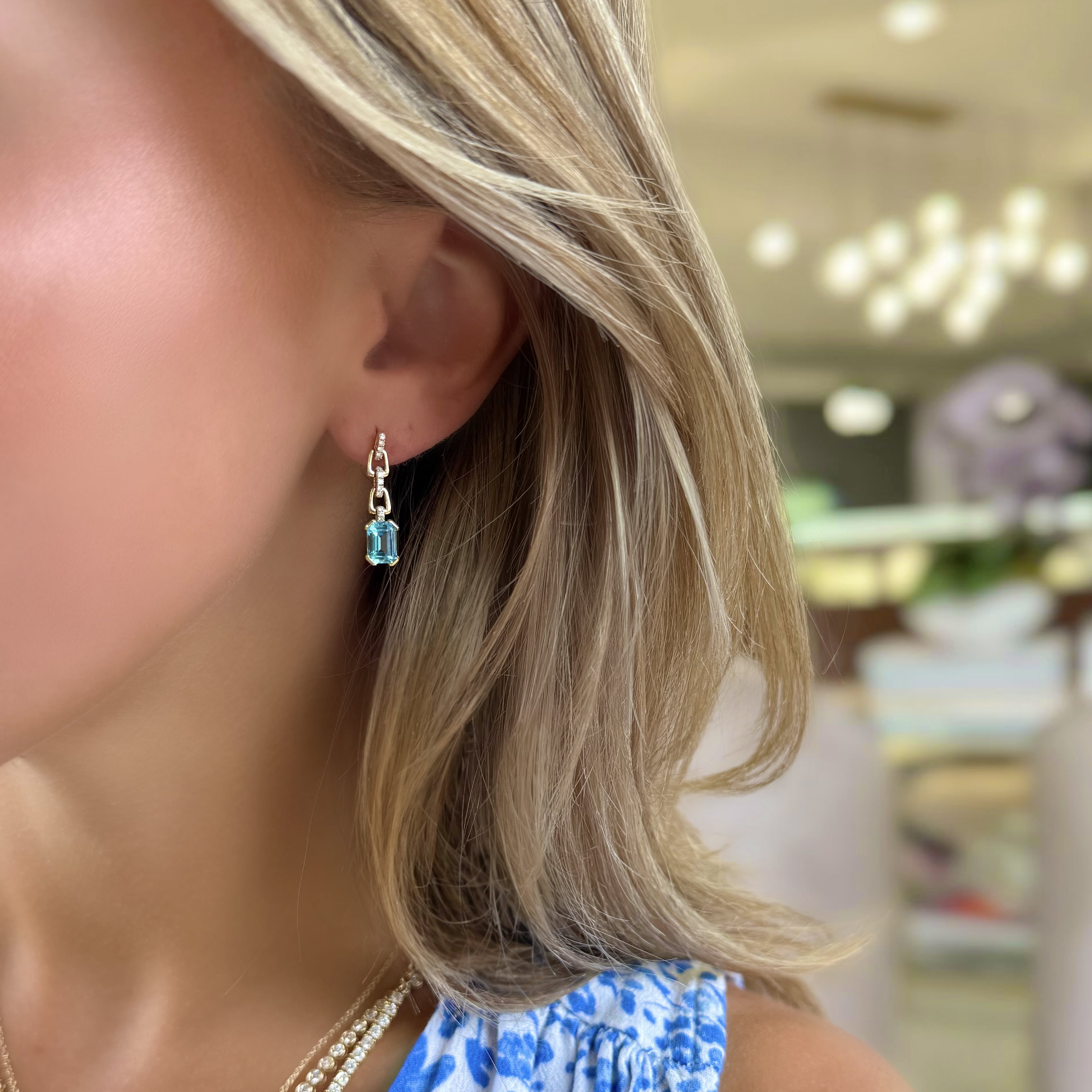 Swiss Blue Topaz and Diamond Drop Chain Earrings