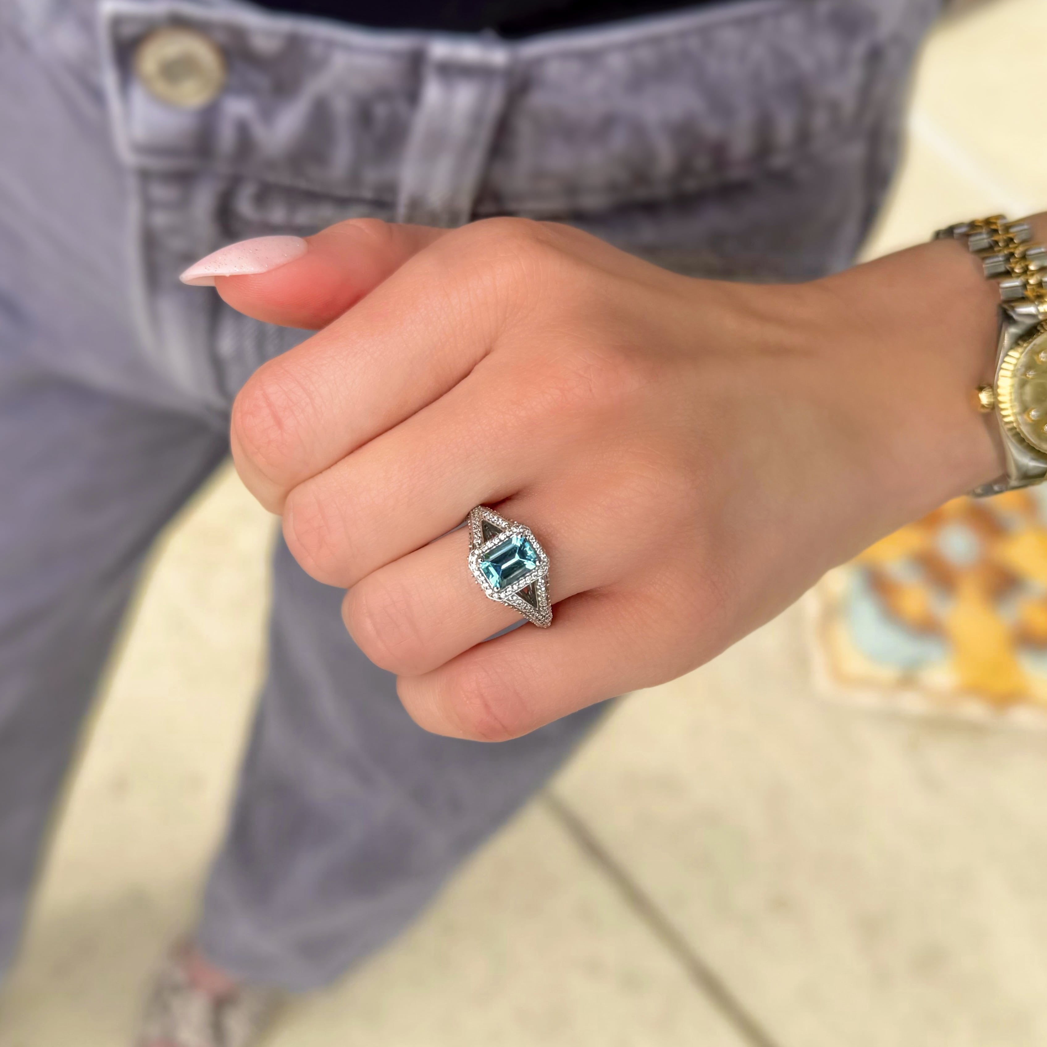 Emerald Cut Blue Topaz and Diamond Ring