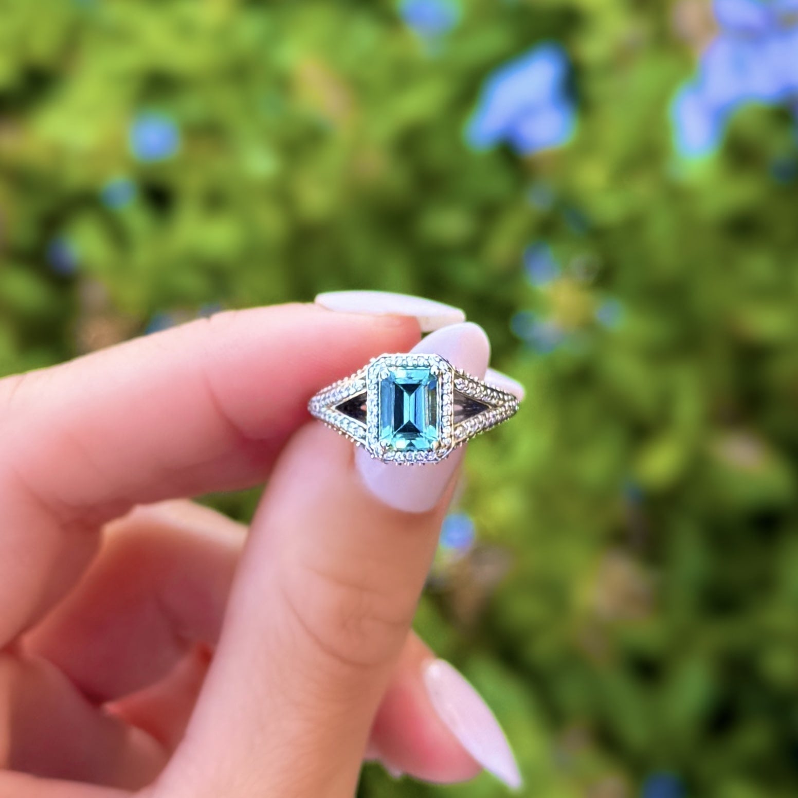 Emerald Cut Blue Topaz and Diamond Ring