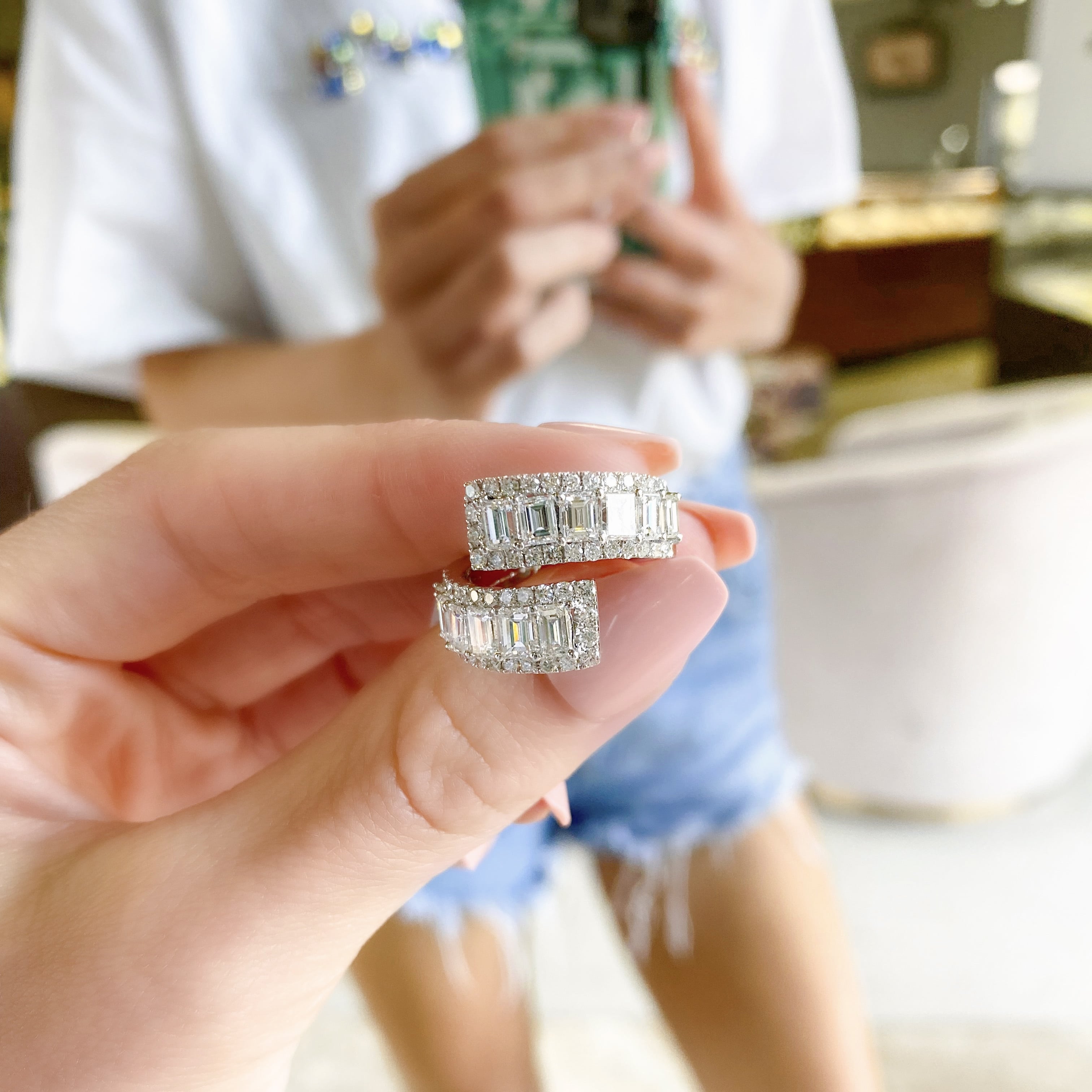 Emerald Cut Diamond Crossover Ring