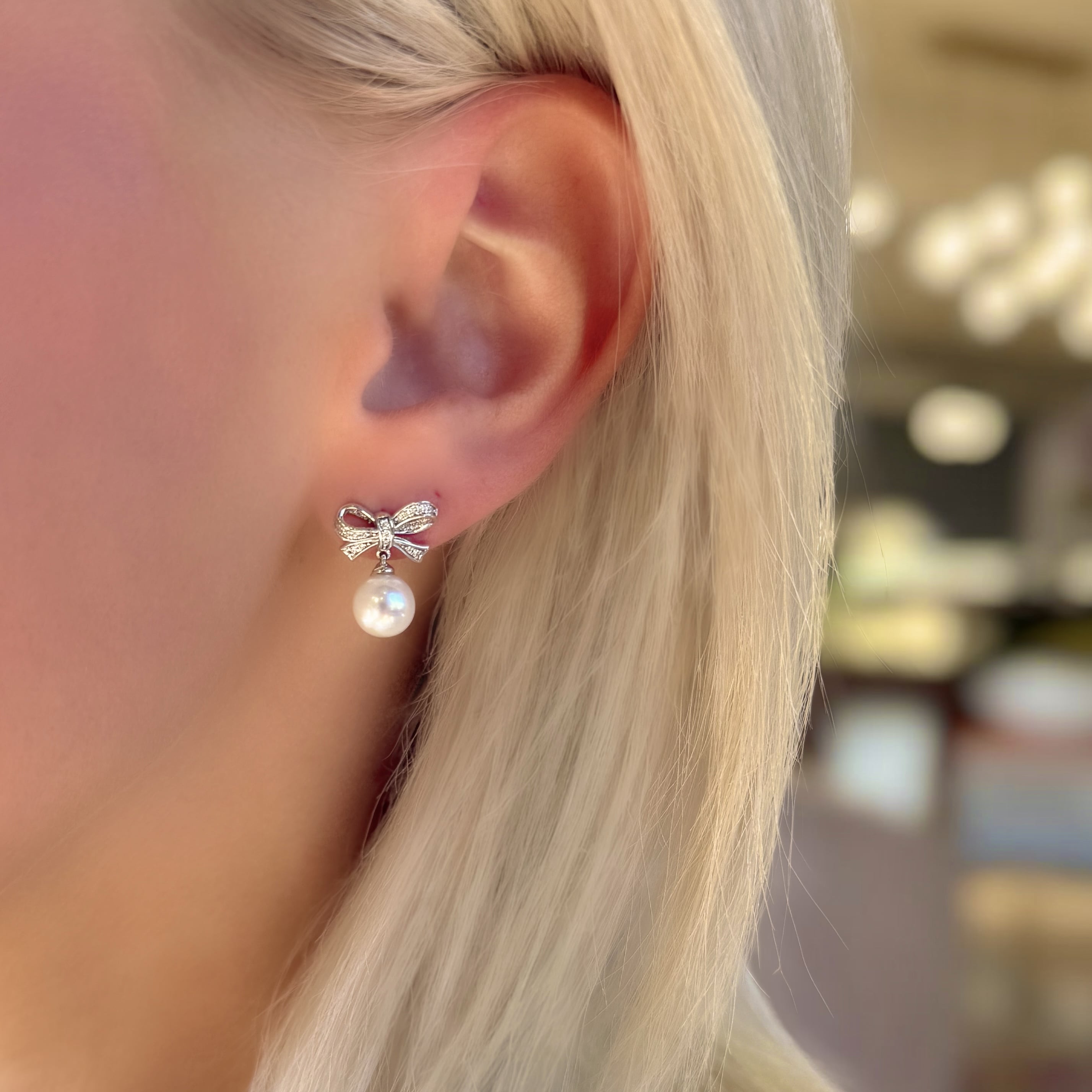 Pearl and Diamond Bow Earrings