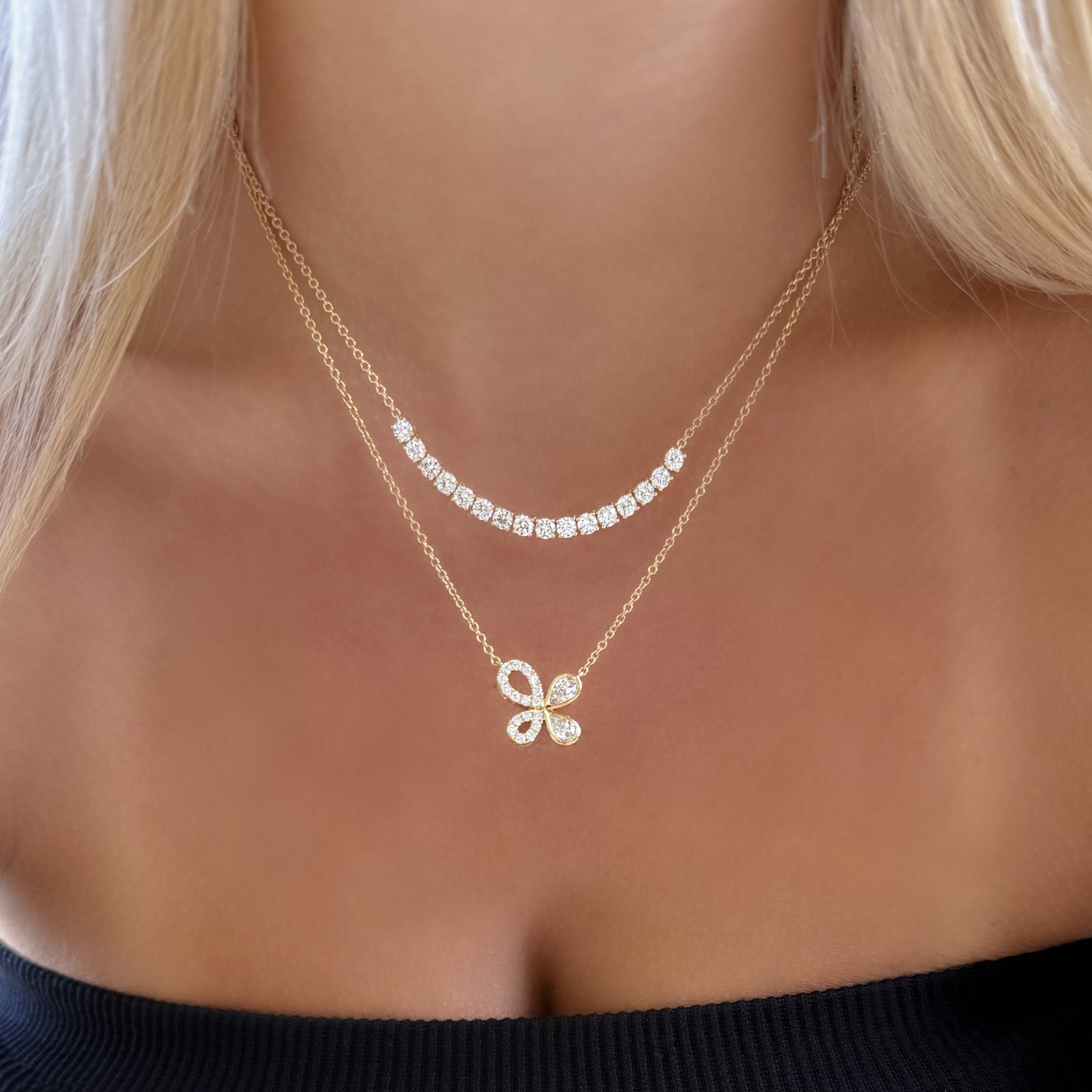 Pear and Round Diamond Butterfly Necklace
