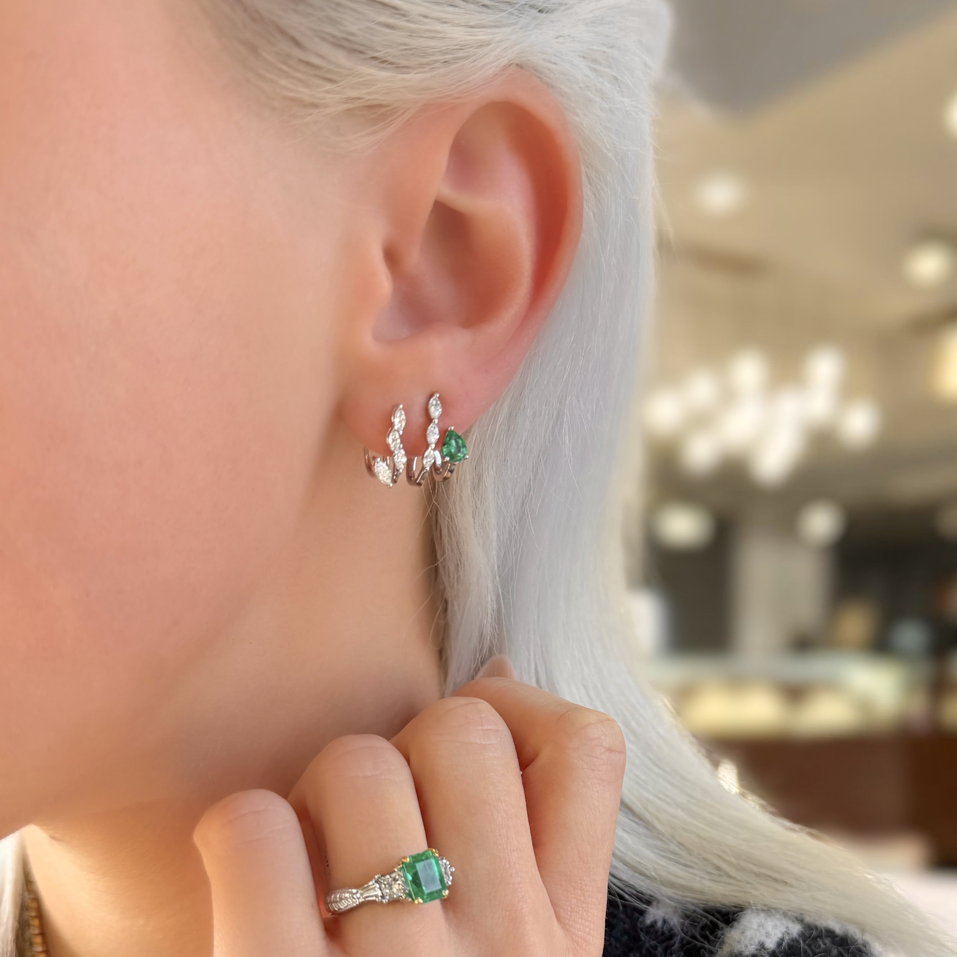 Double Row Emerald and Diamond Huggies