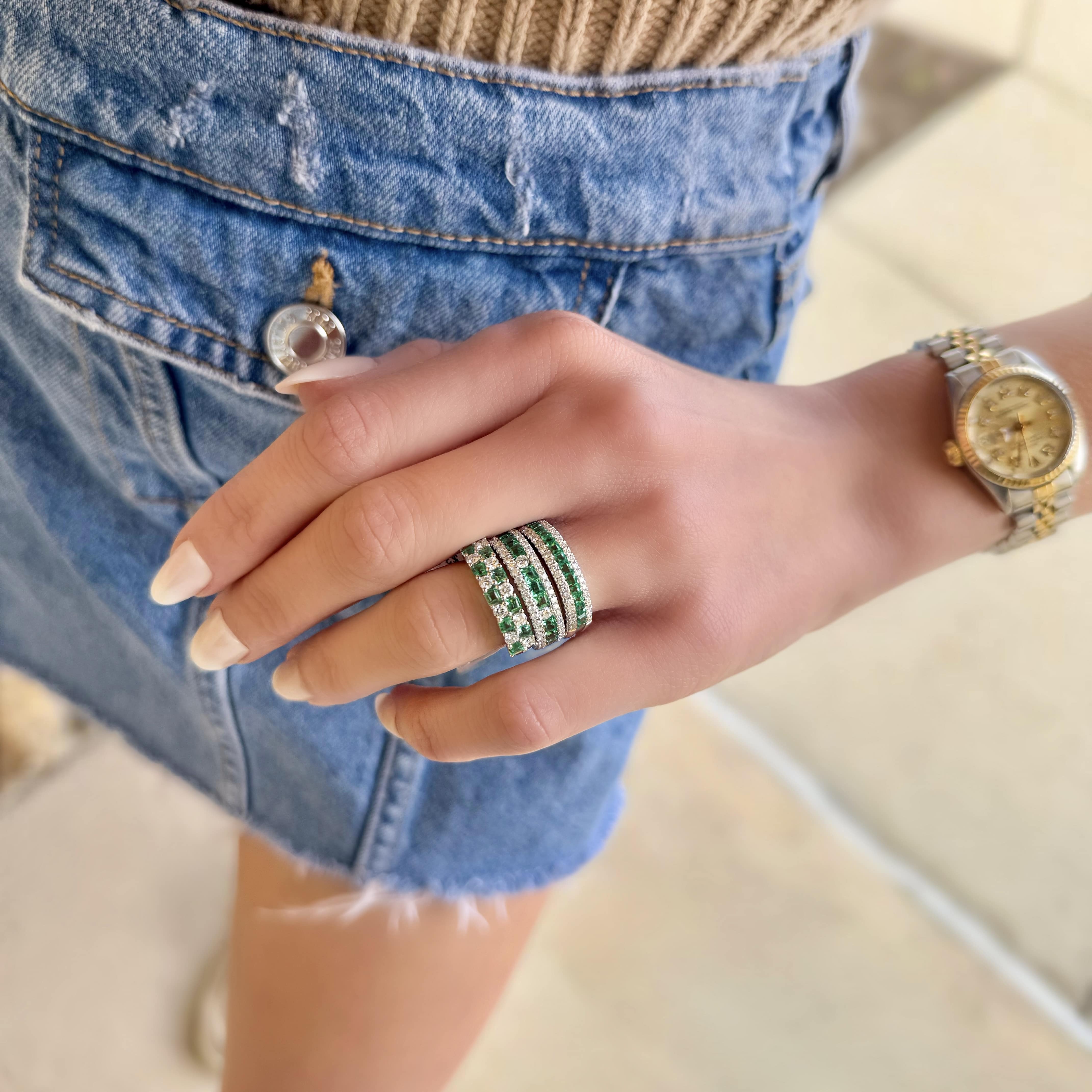 3 Row Diamond and Emerald Ring