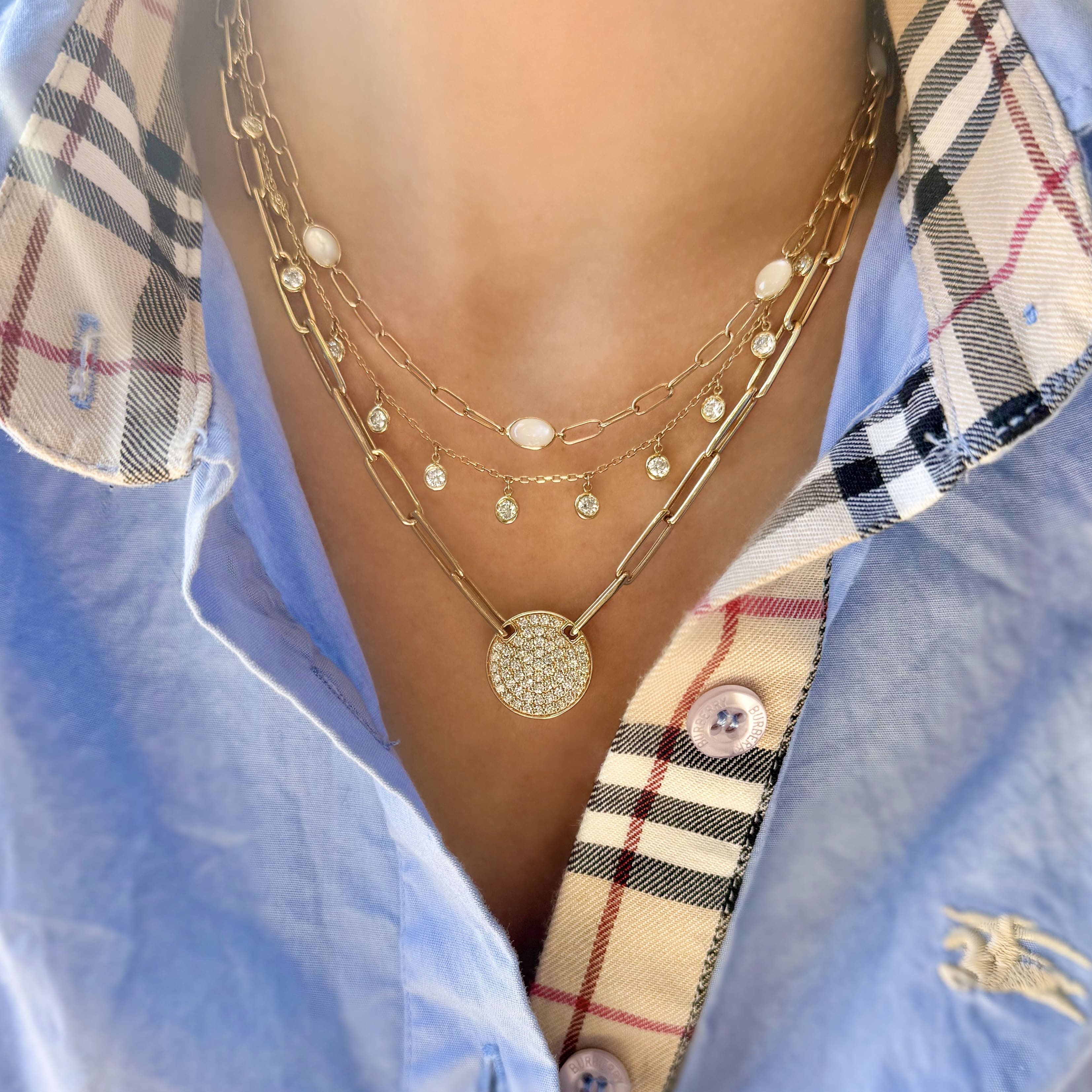 Pave Diamond Disc Paperclip Necklace