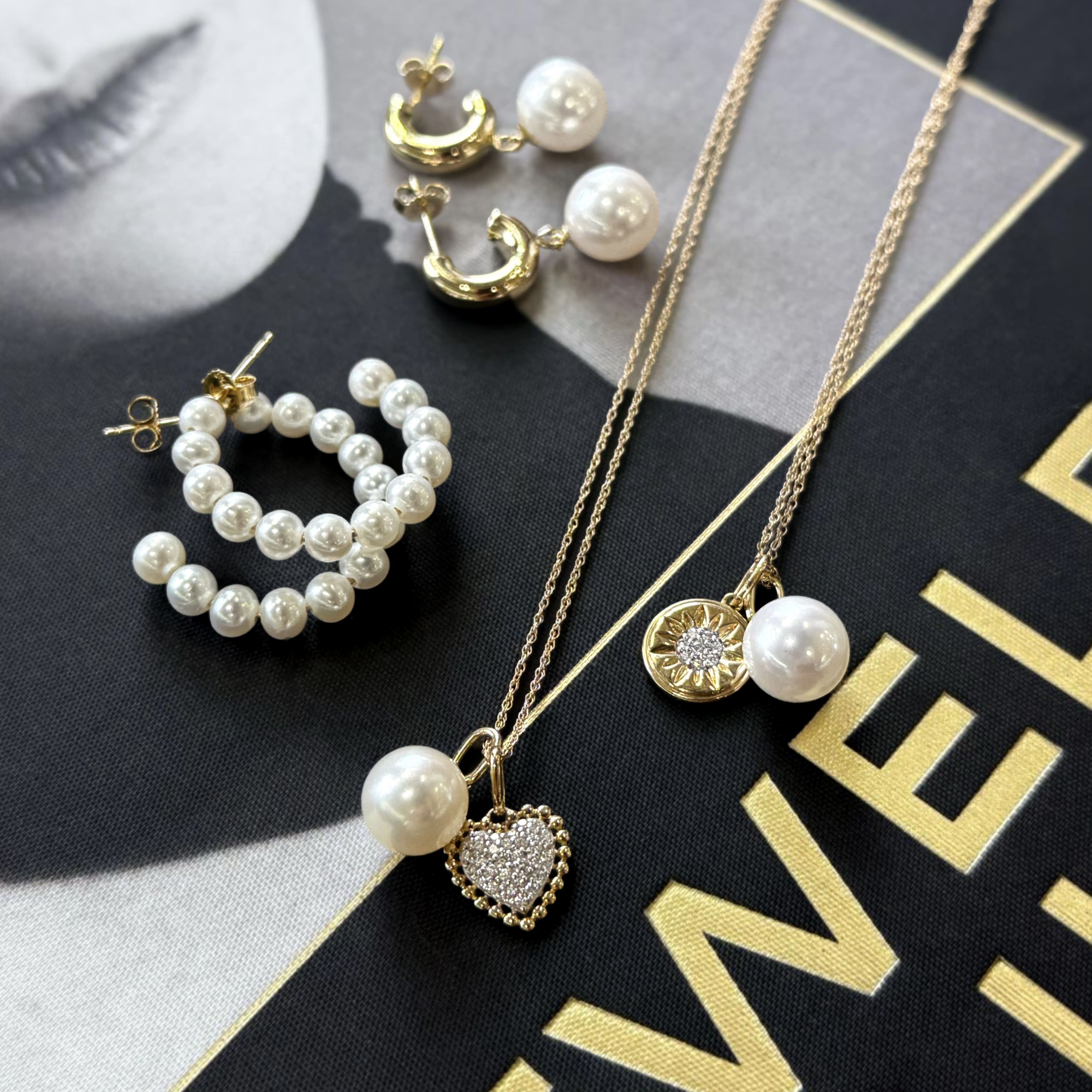 Pearl and Pave Diamond Heart Charm Necklace