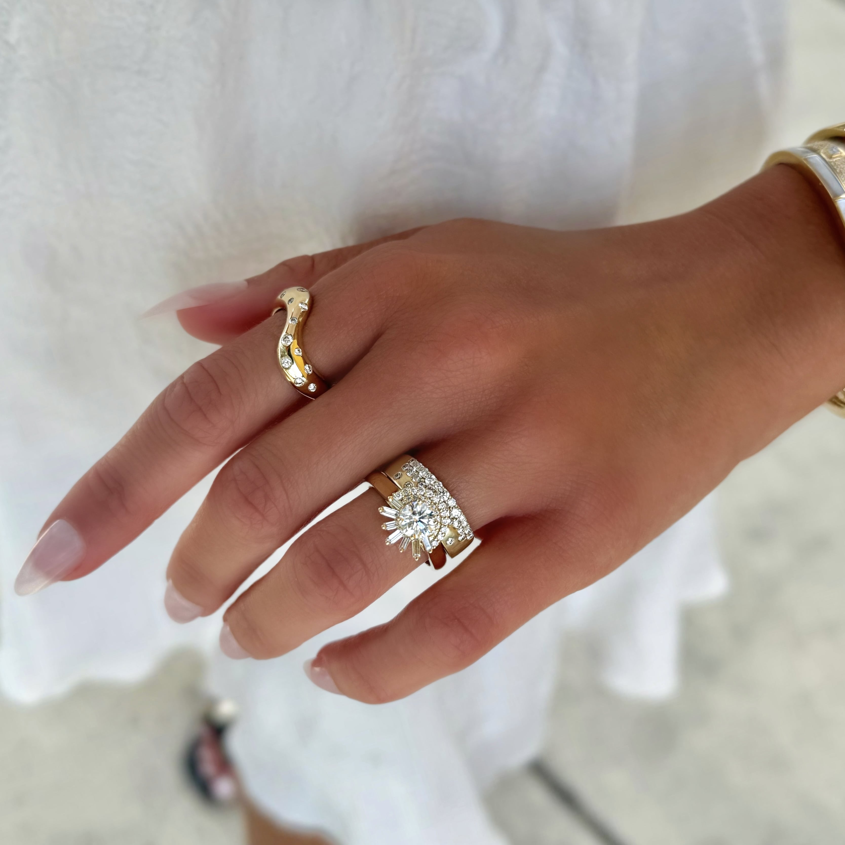 Baguette and Round Diamond Sunrise Ring