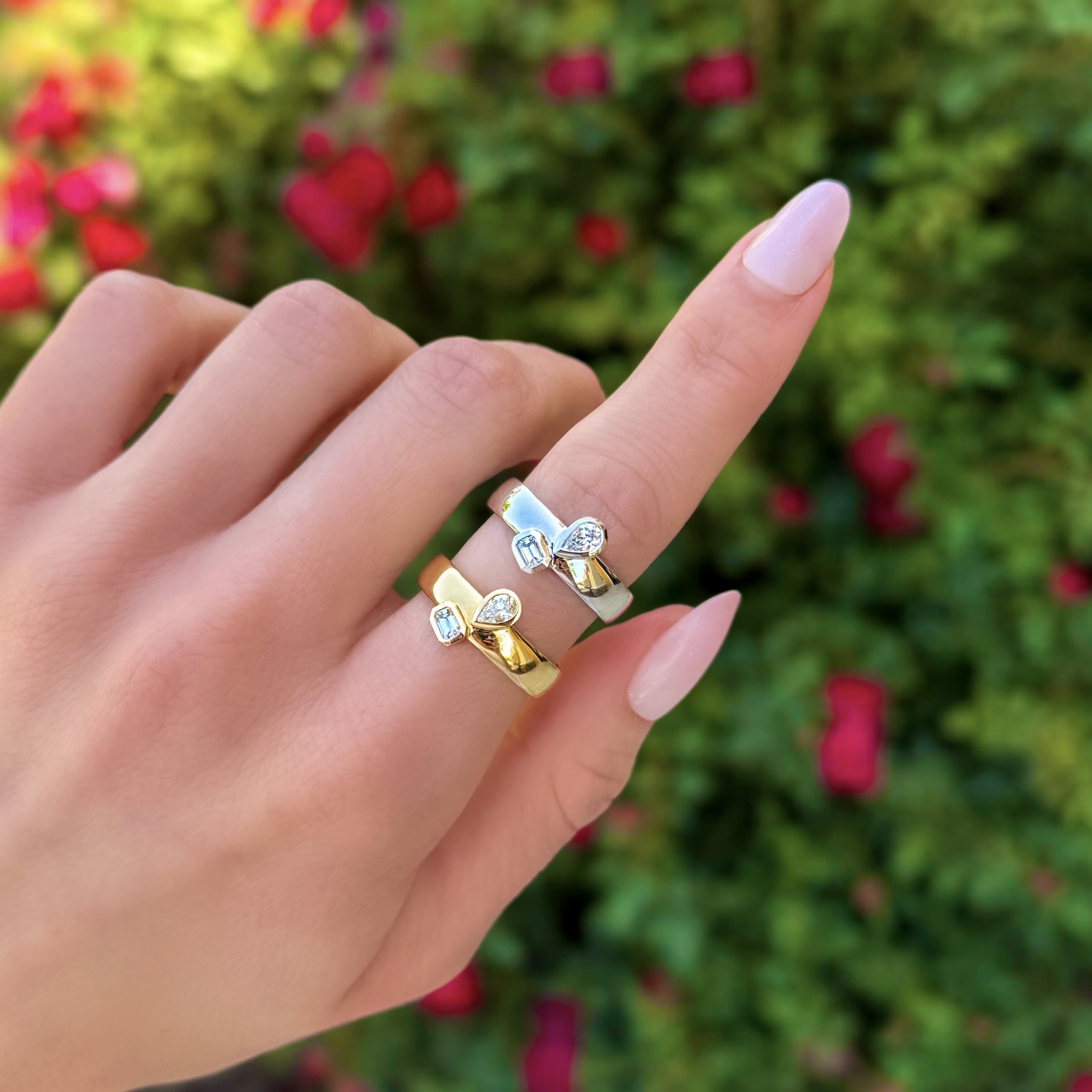 Bezel Set Pear and Emerald Cut Diamond Ring