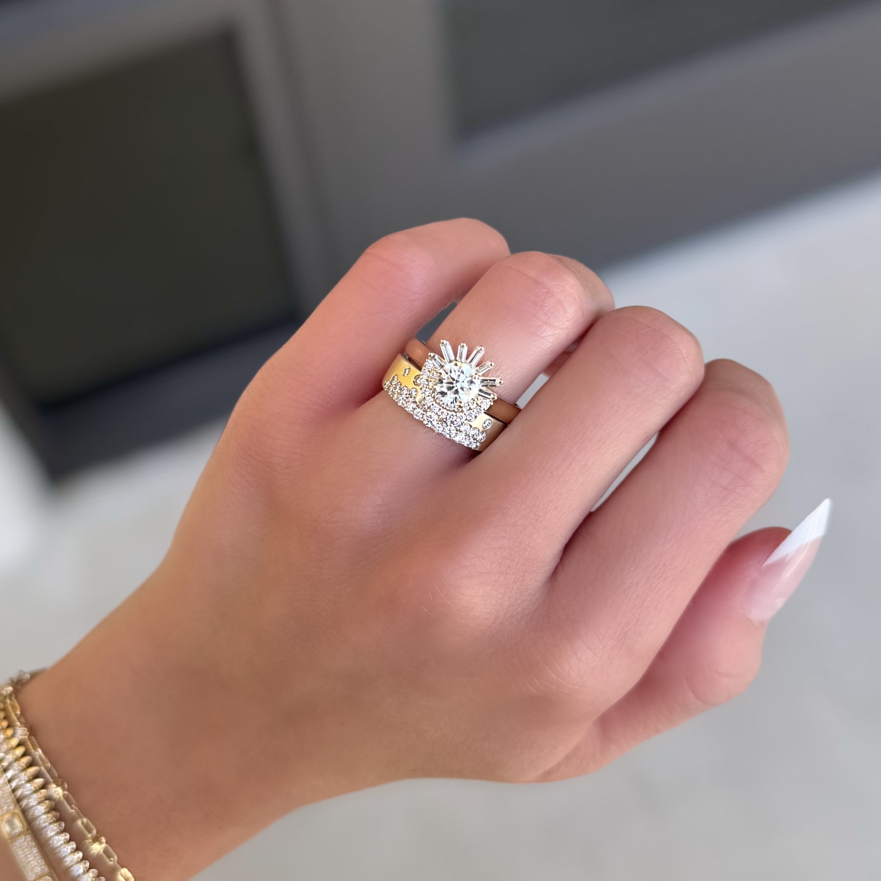 Baguette and Round Diamond Sunrise Ring