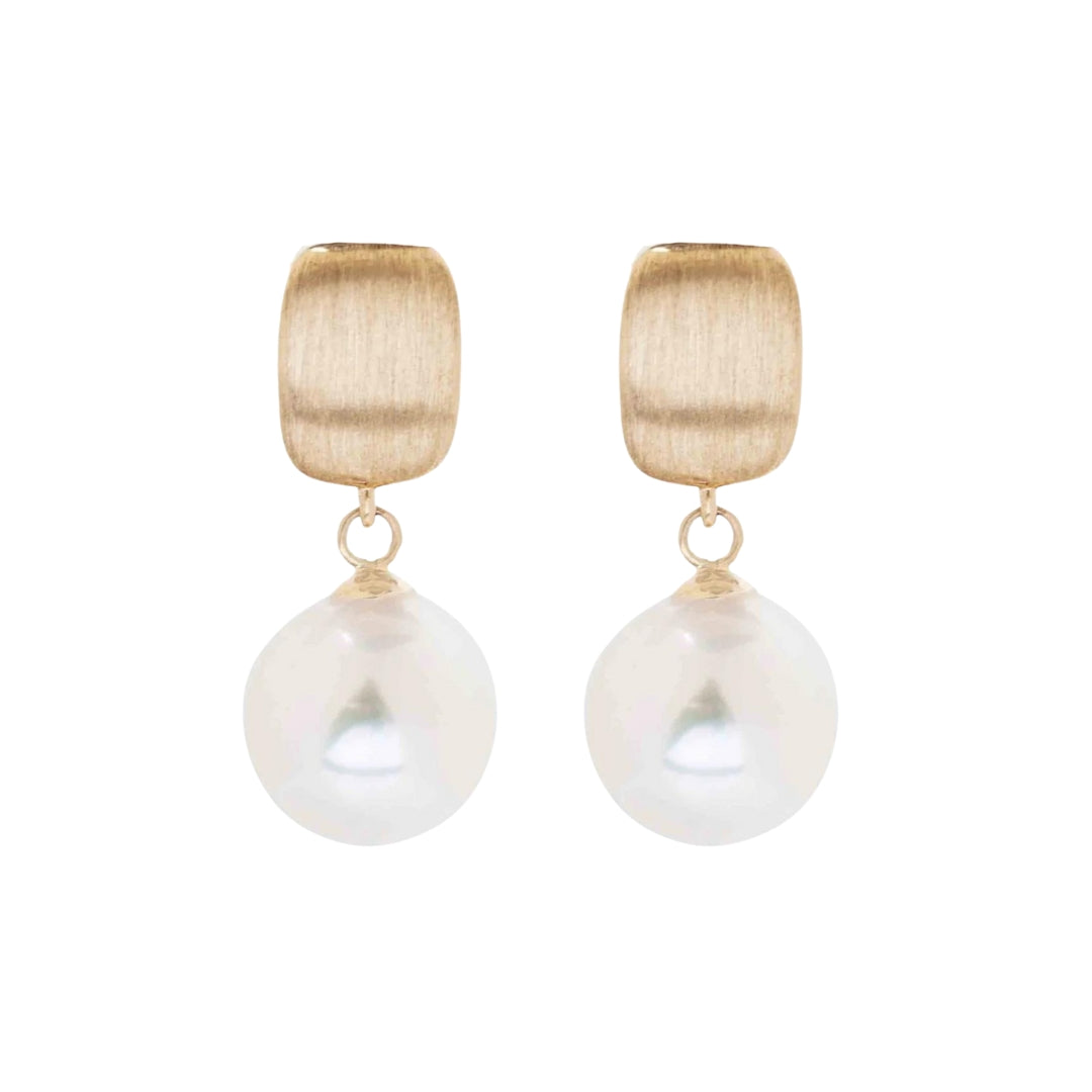 Brushed Gold and Pearl Drop Earrings