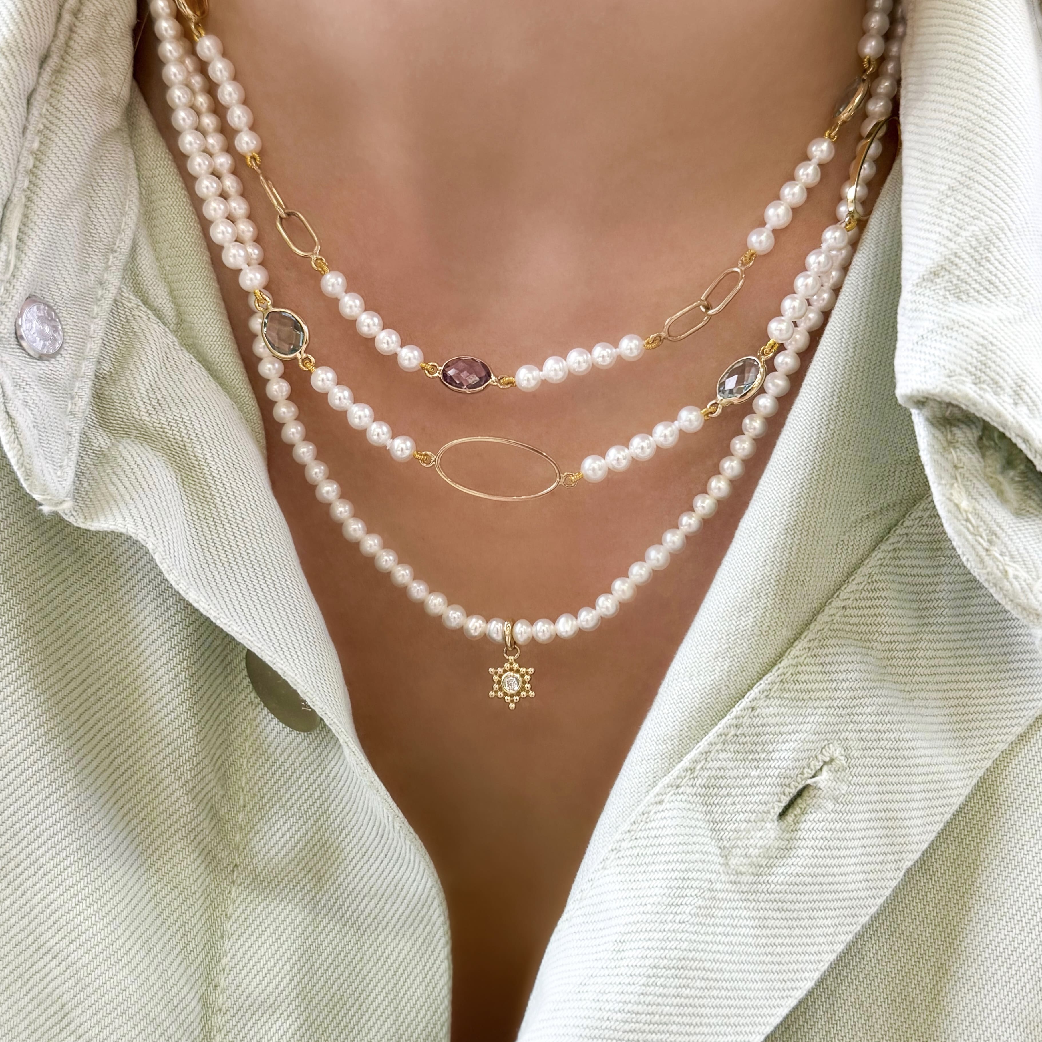 Pearl and Diamond Star Charm Necklace