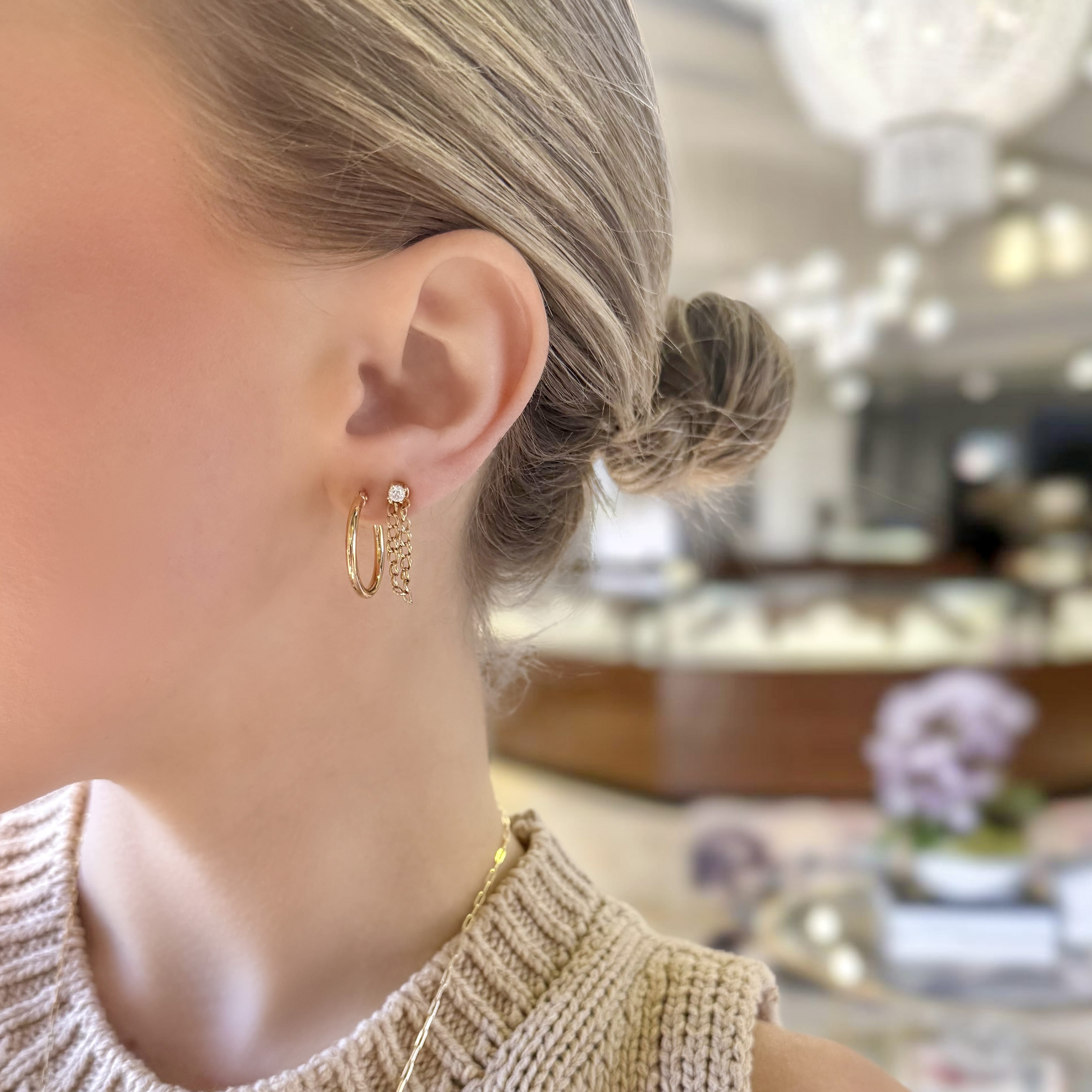 Diamond Stud Chain Earrings
