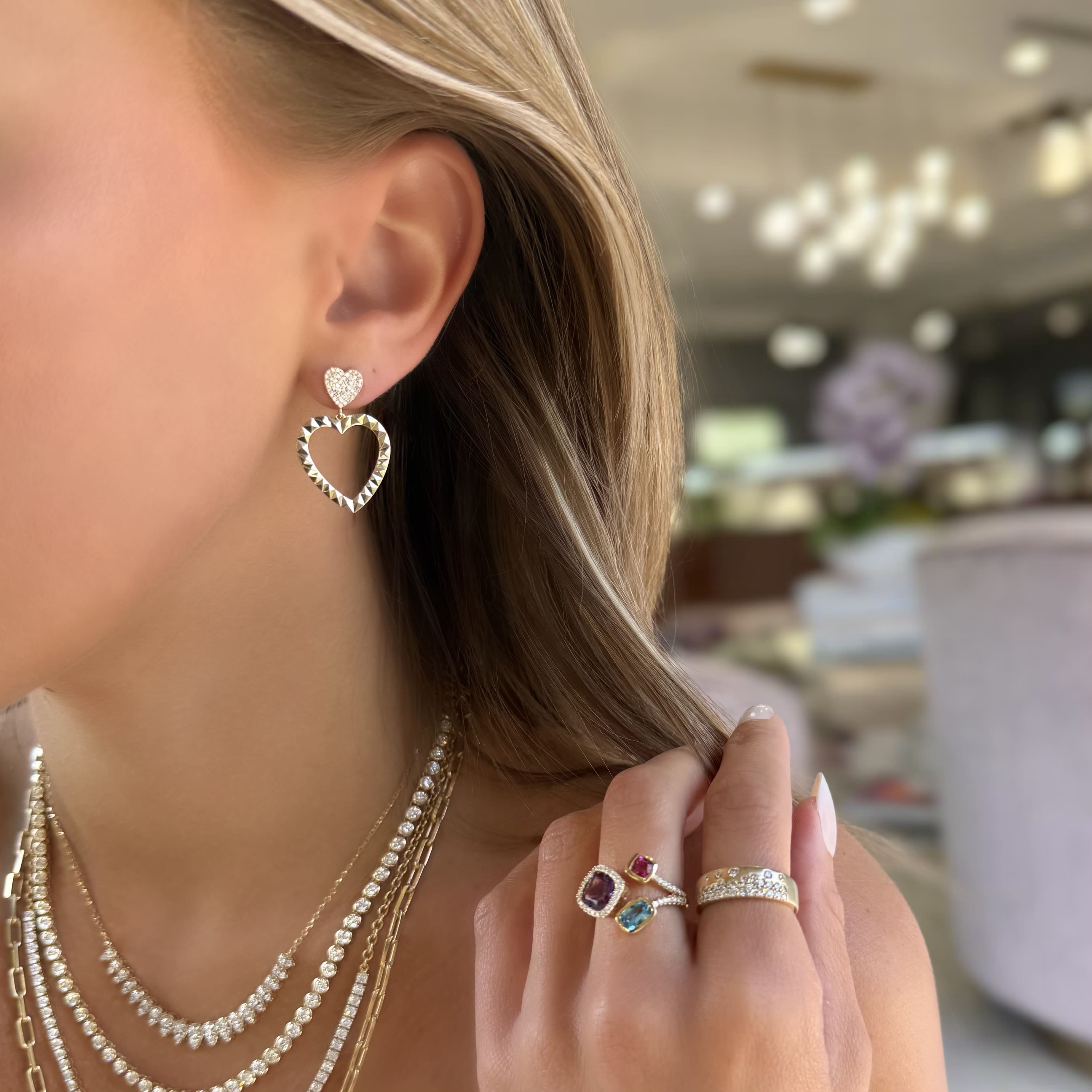 Pave Diamond Mirrored Heart Earrings