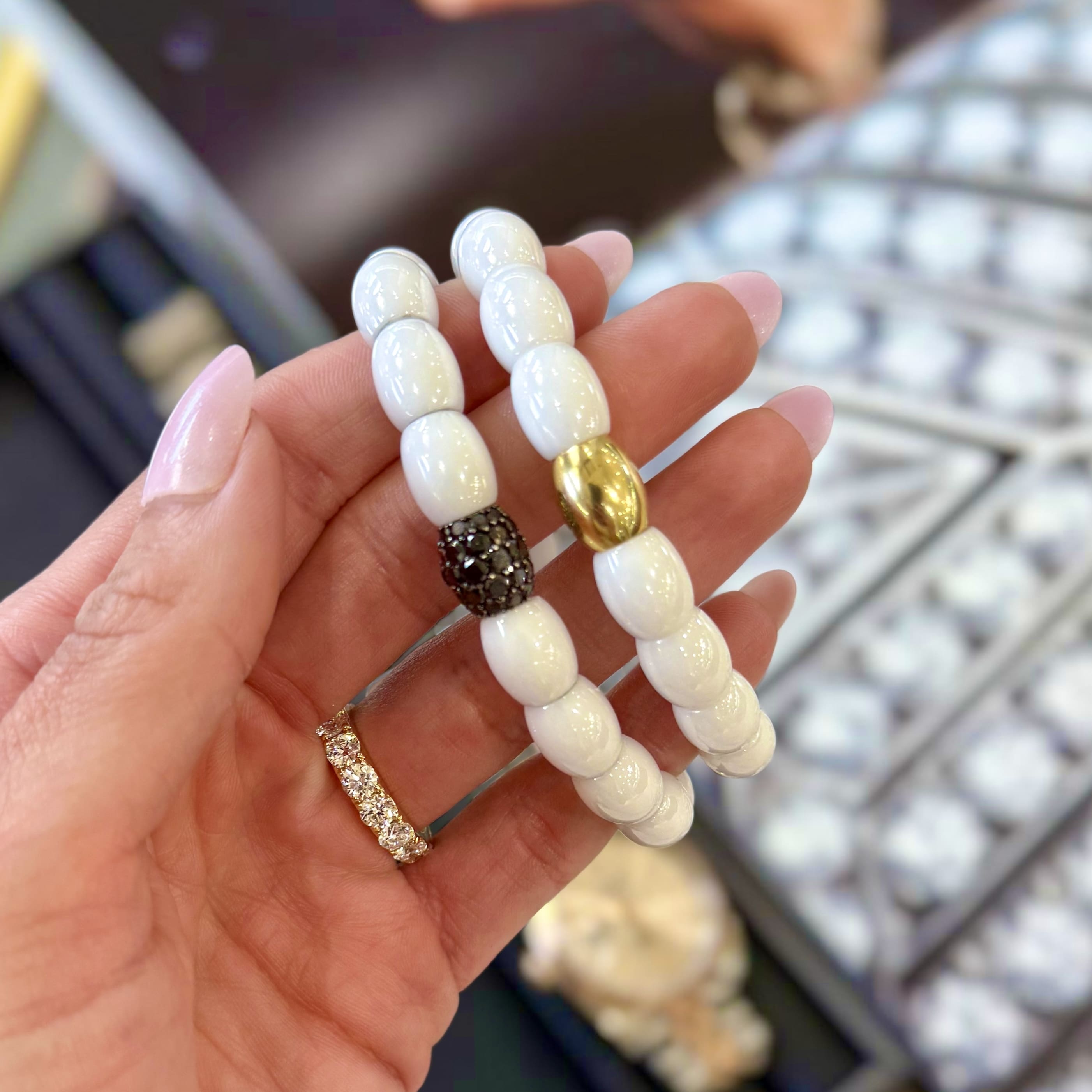 Diamond and Beaded Ceramic Stretch Bracelet