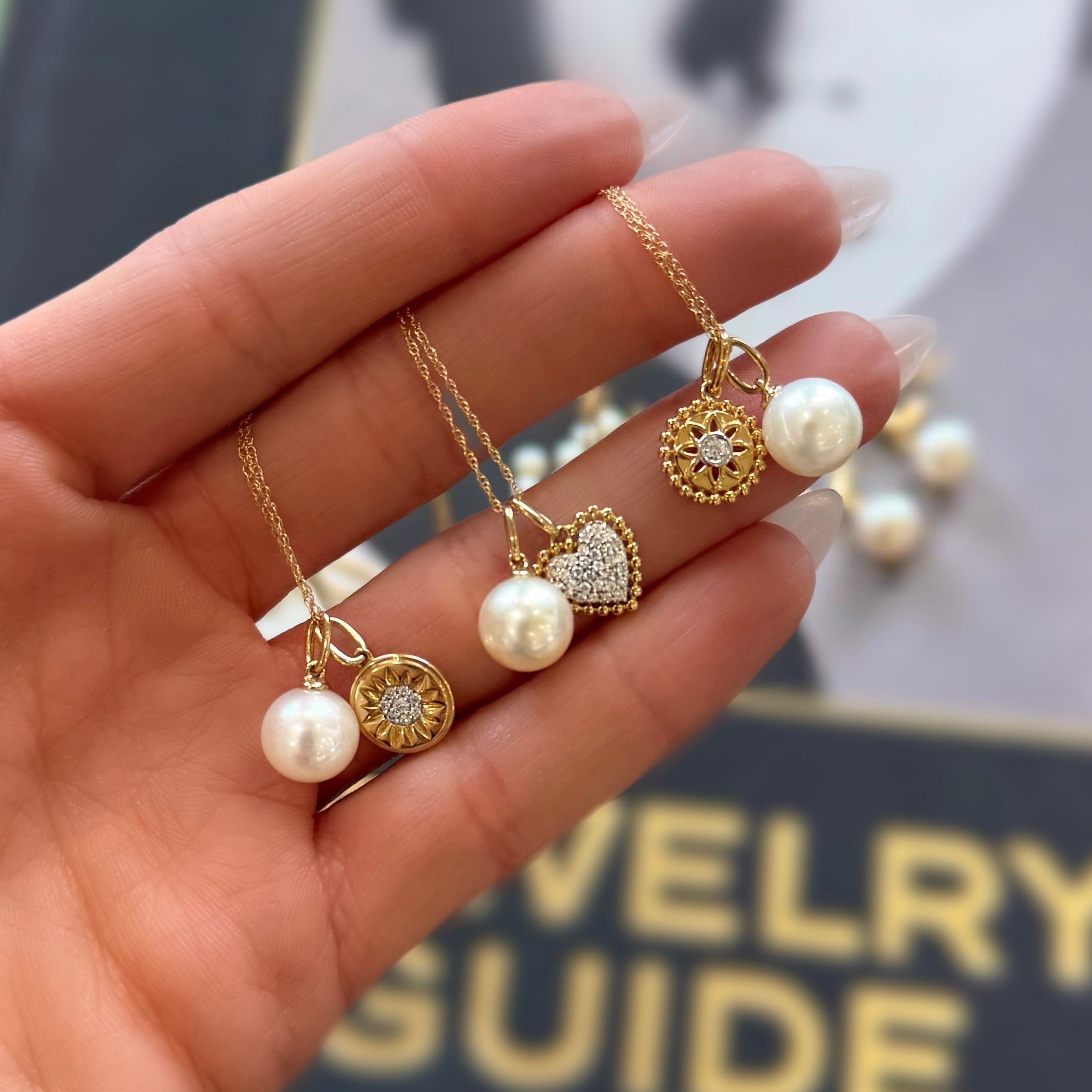 Pearl and Pave Diamond Heart Charm Necklace