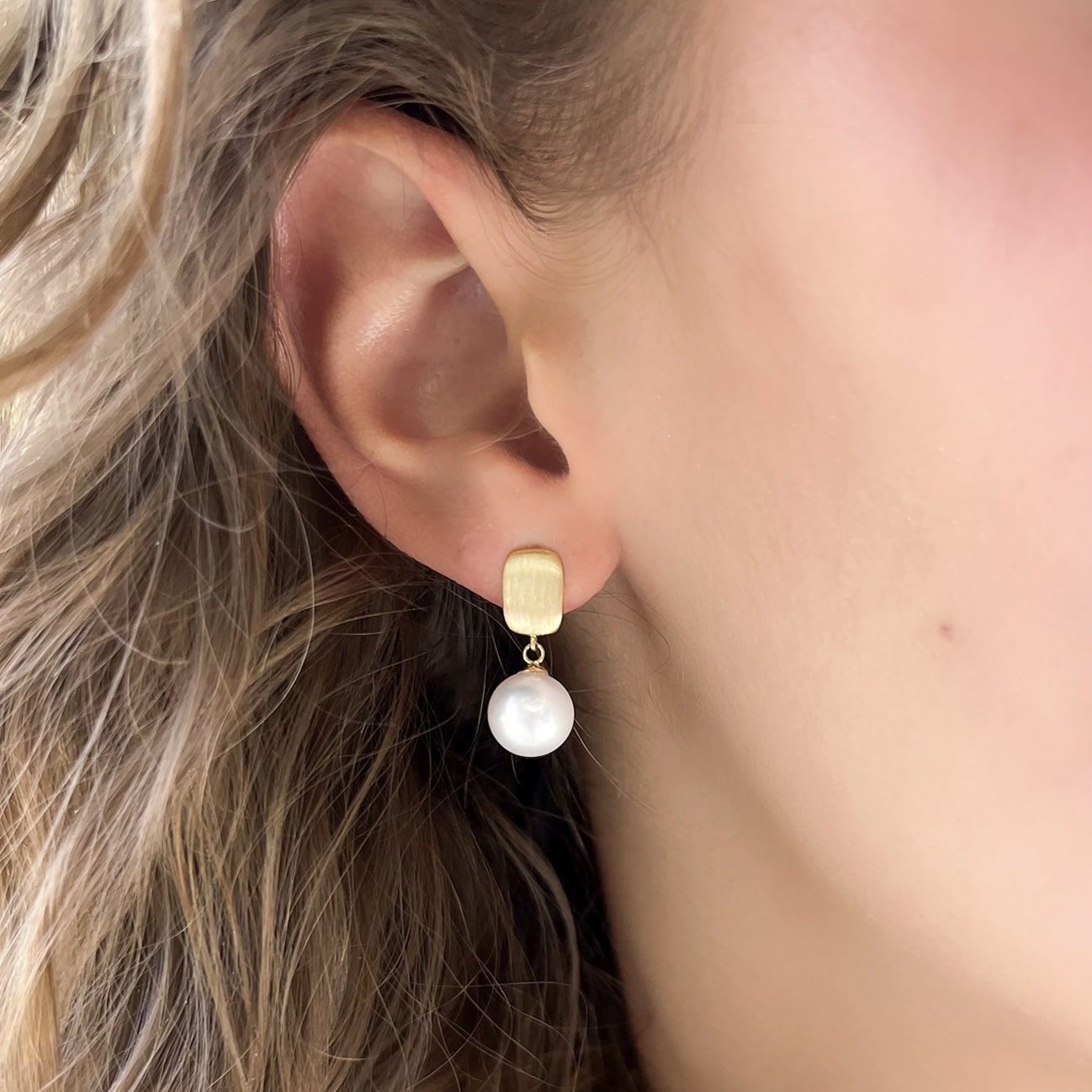 Brushed Gold and Pearl Drop Earrings