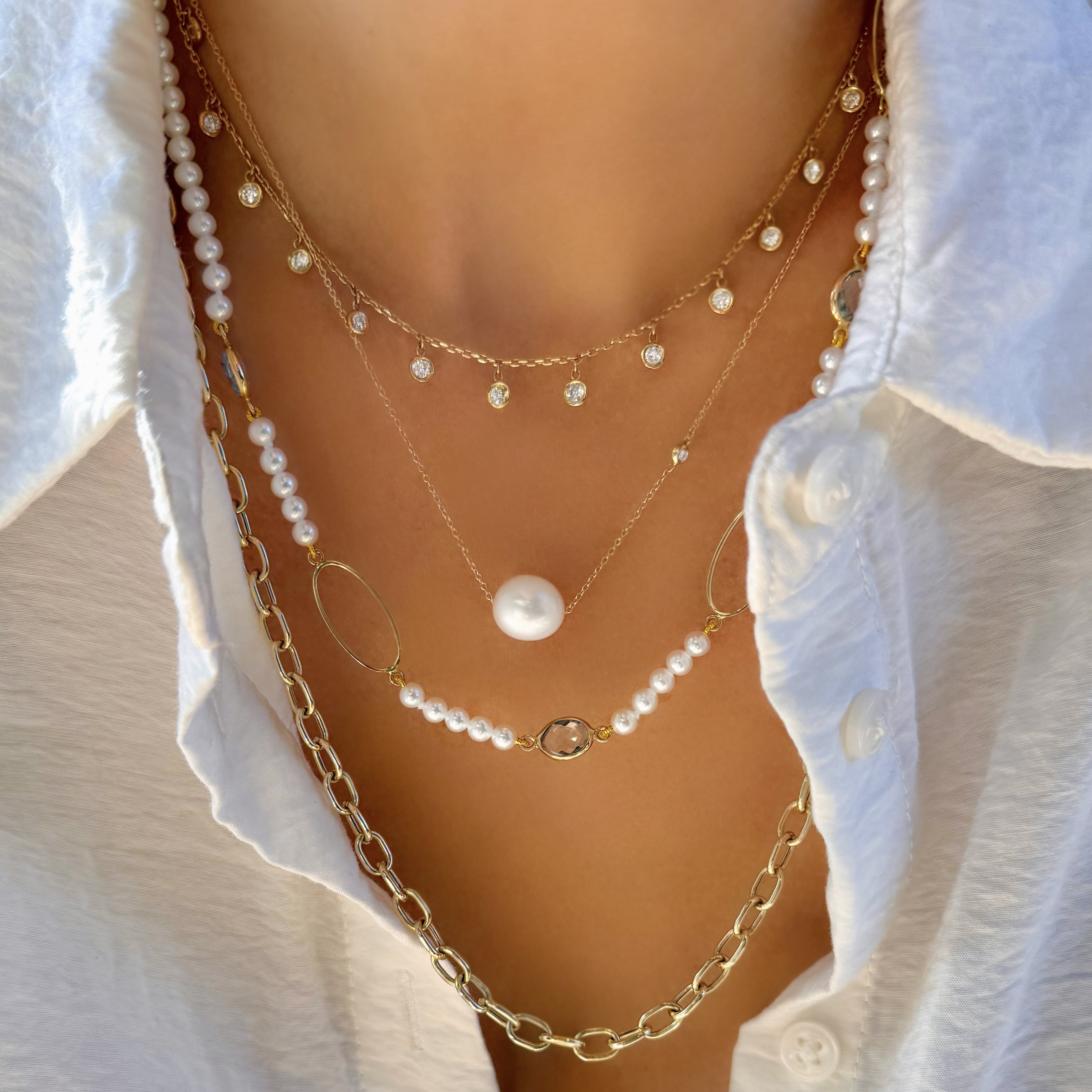 Pearl and Blue Topaz Oval Link Necklace