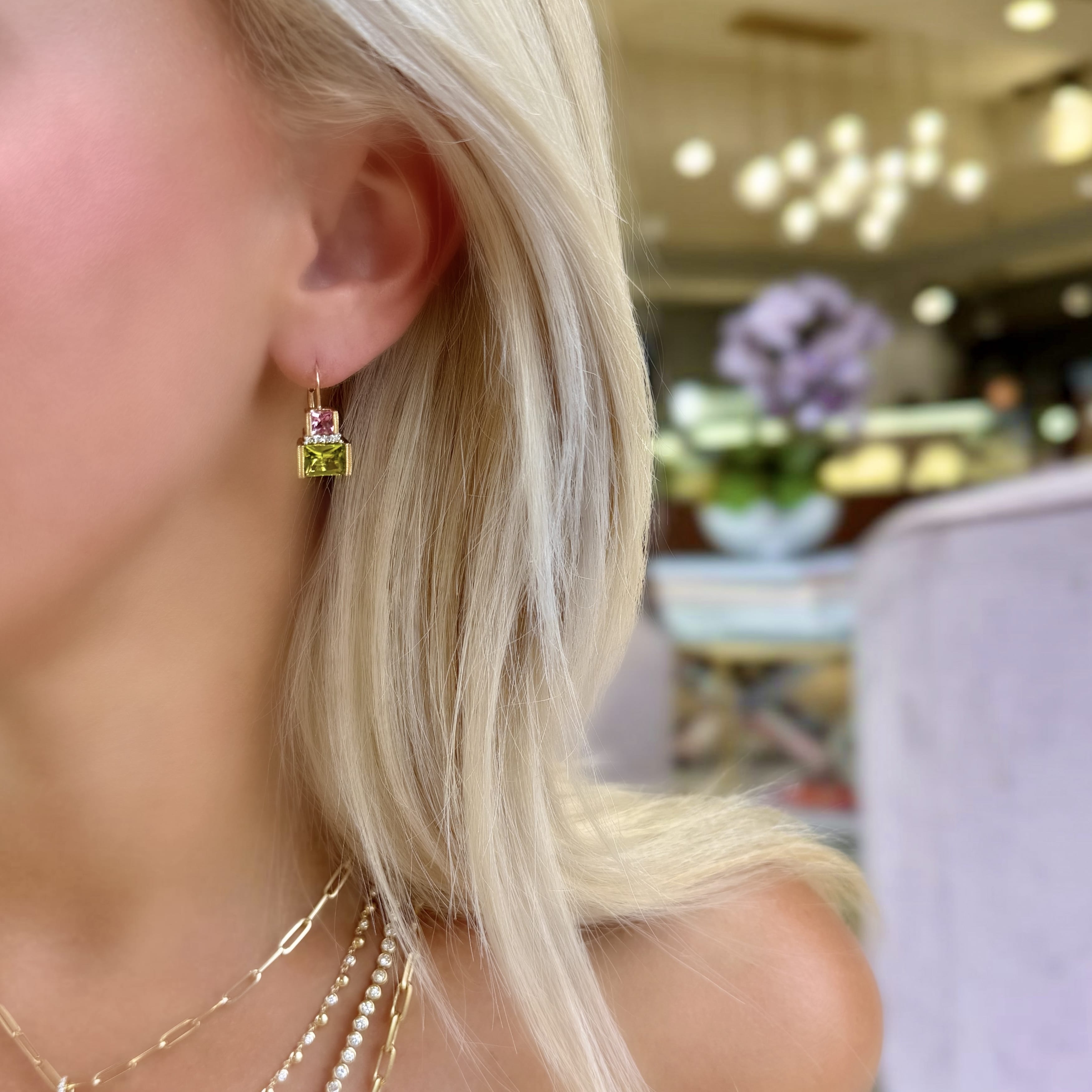 Peridot Pink Tourmaline and Diamond Earrings