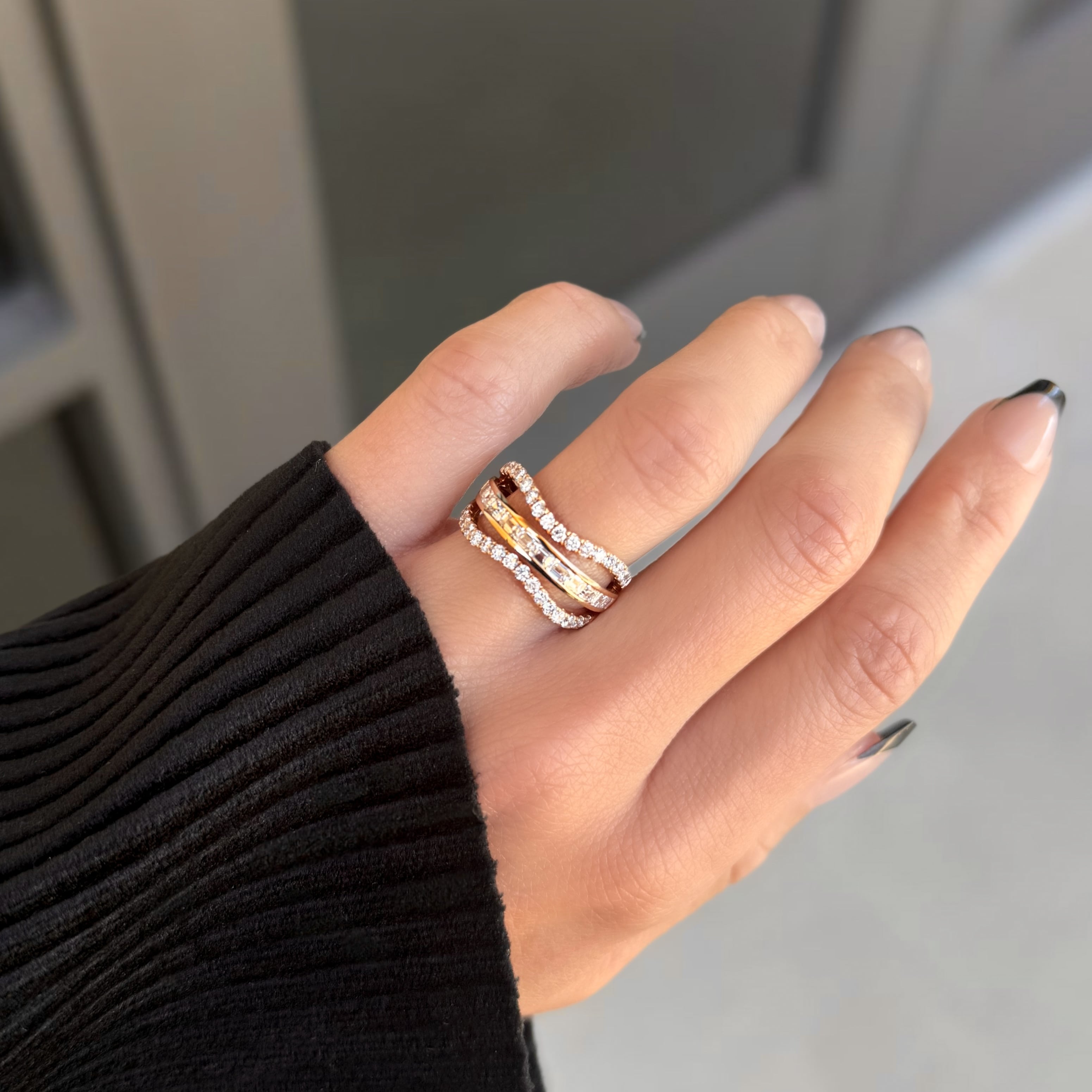 Emerald Cut and Round Diamond Wave Ring