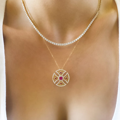 Ruby and Diamond Cross Medallion Necklace